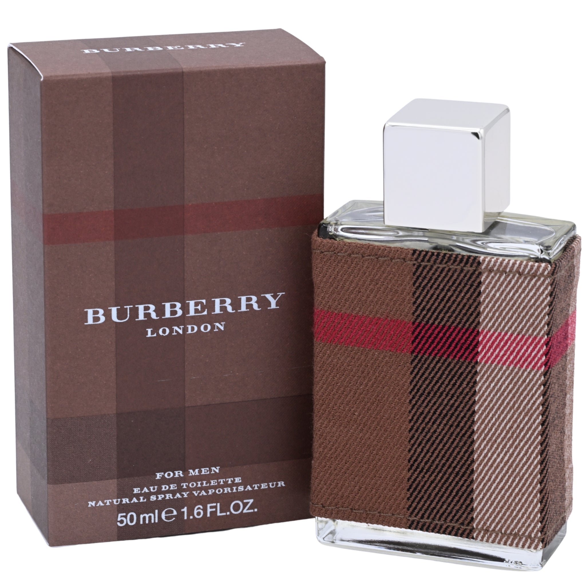Burberry men's perfume bottle and packaging on a white background