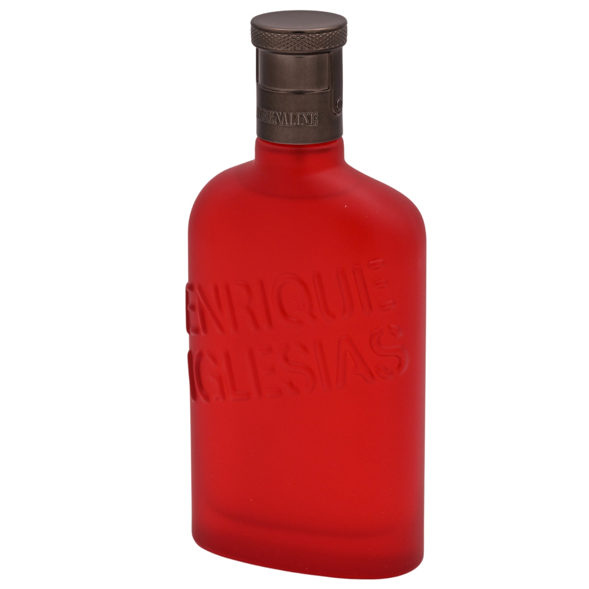 Red Enrique Iglesias Adrenaline perfume bottle on a white background