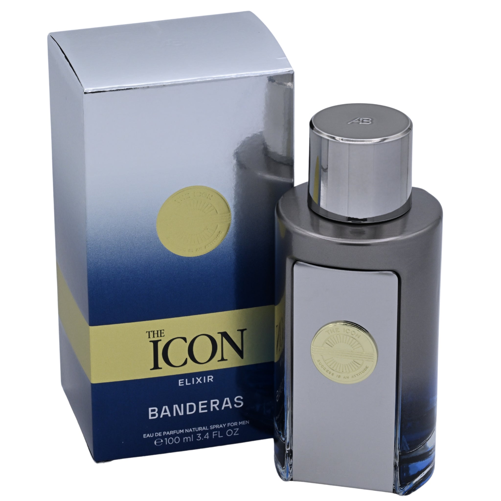 Banderas The Icon Elixir perfume bottle and packaging on a white background