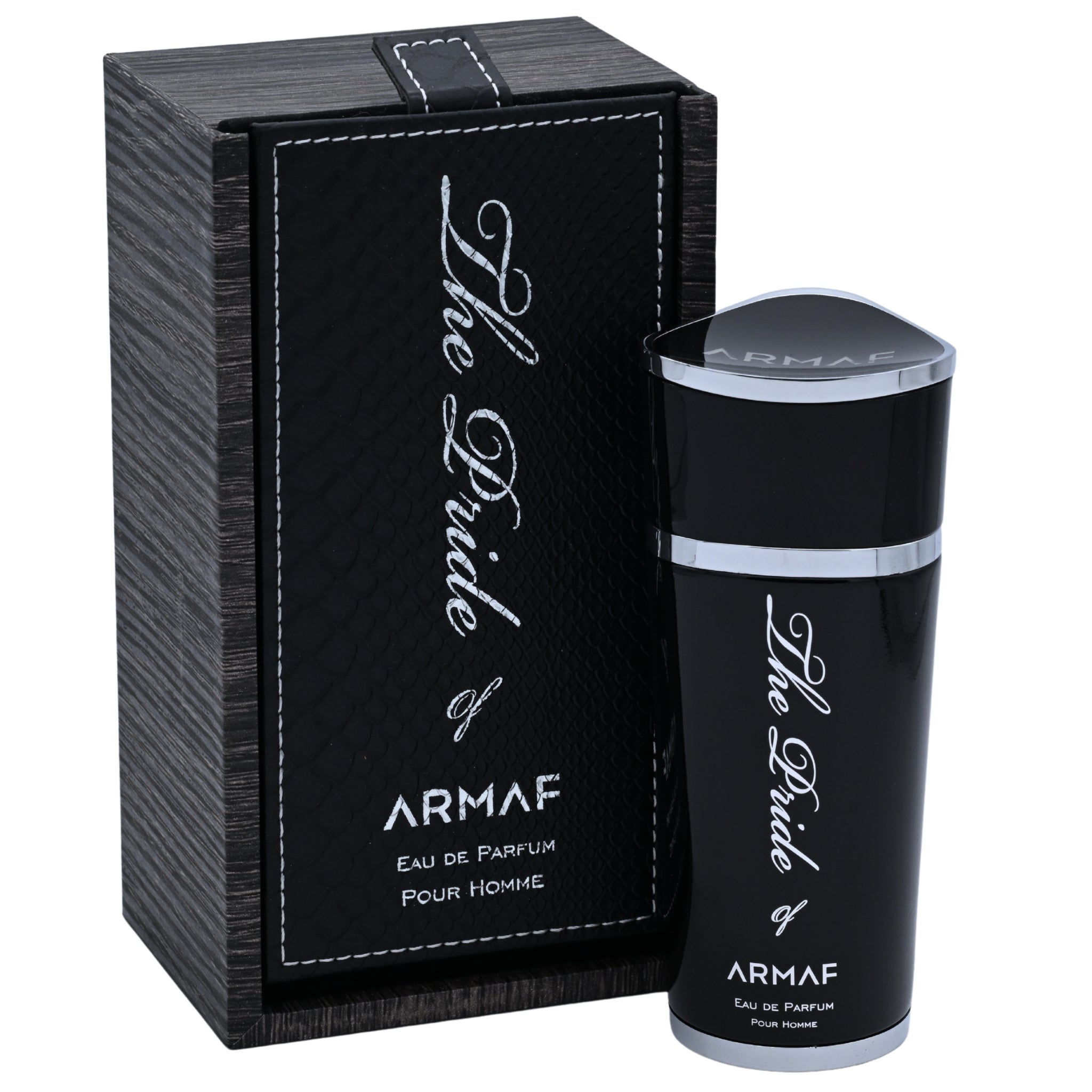 Black Armaf perfume bottle and packaging on a white background