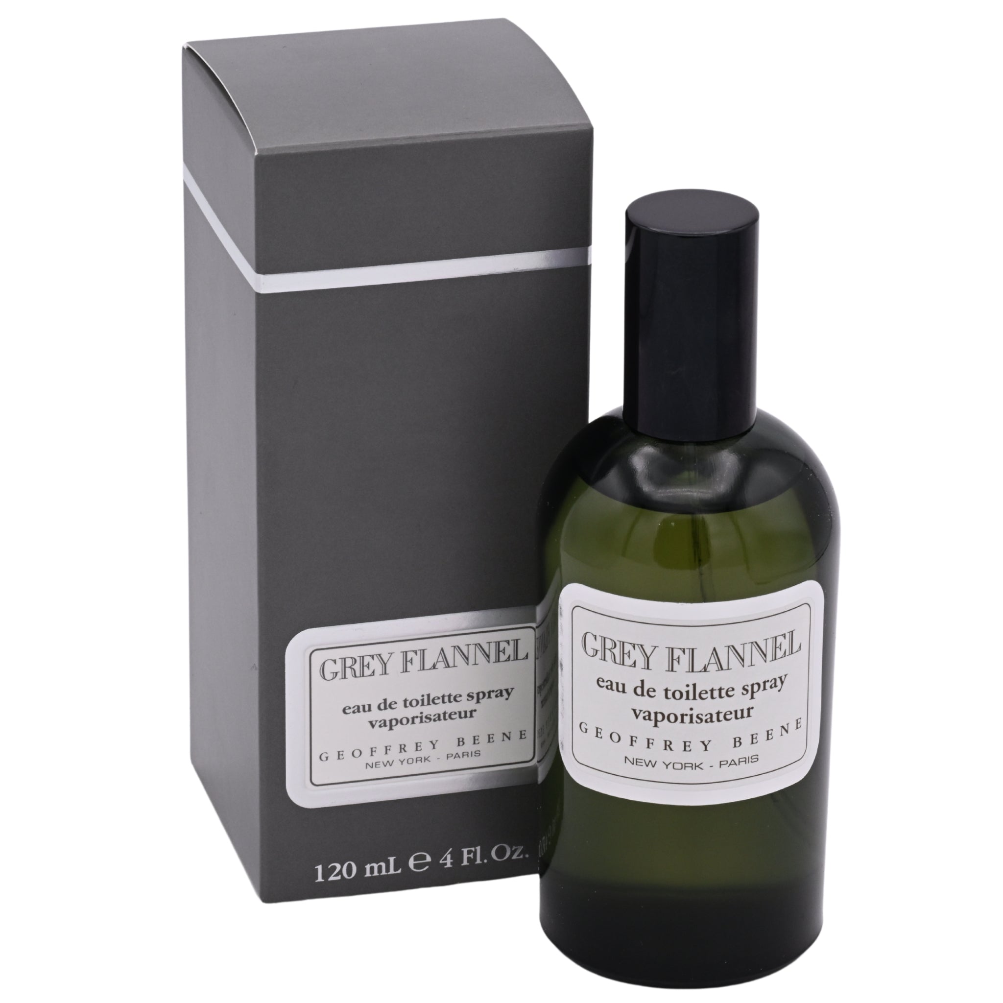 Geoffrey Beene Grey Flannel eau de toilette spray bottle and packaging on a white background