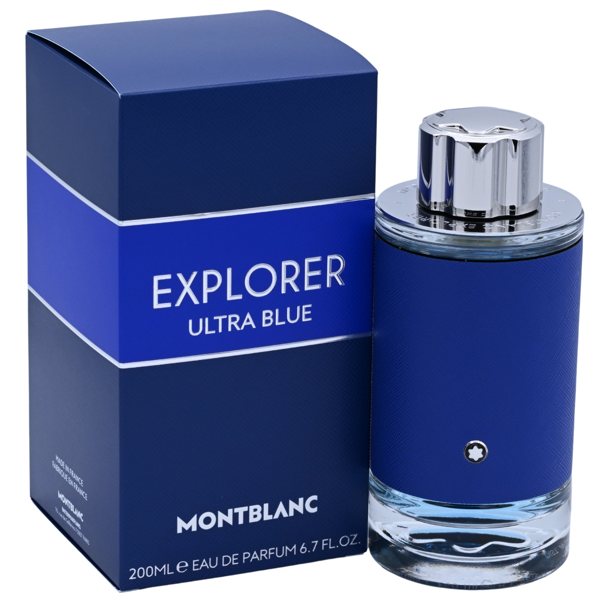 Montblanc Explorer Ultra Blue perfume bottle and packaging on a white background