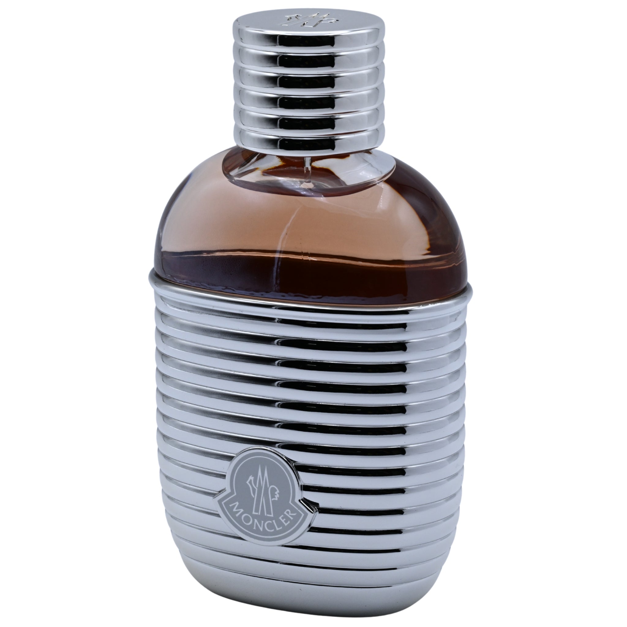 Perfume bottle with ribbed design and silver cap on a white background
