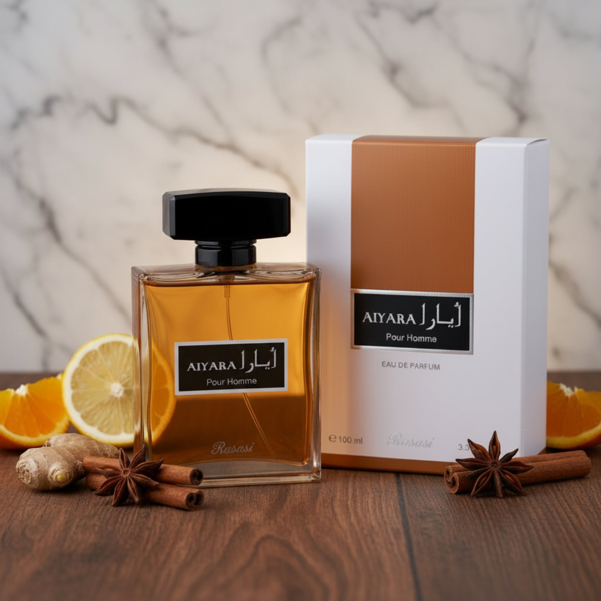 Aiyara Pour Homme perfume bottle and packaging on a white background