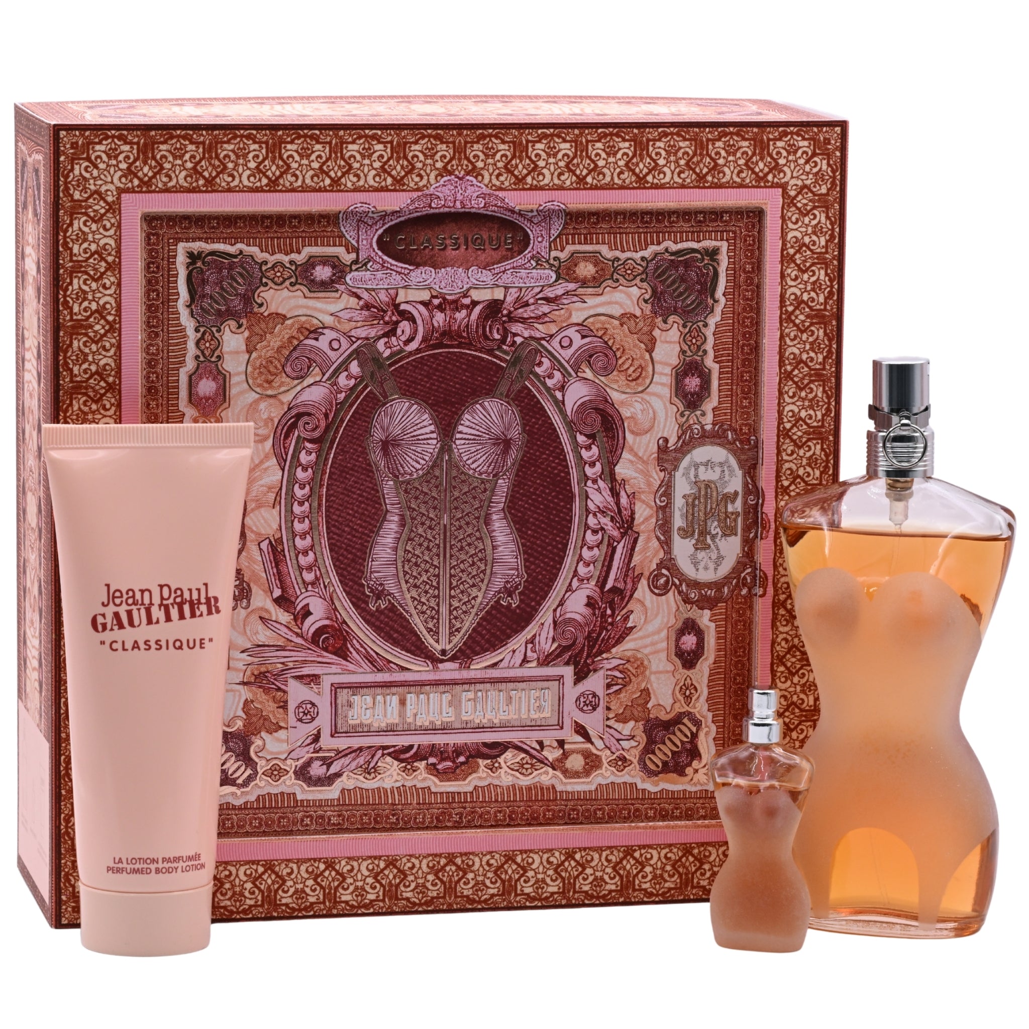 Jean Paul Gaultier perfume set with decorative box, bottle, and lotion.