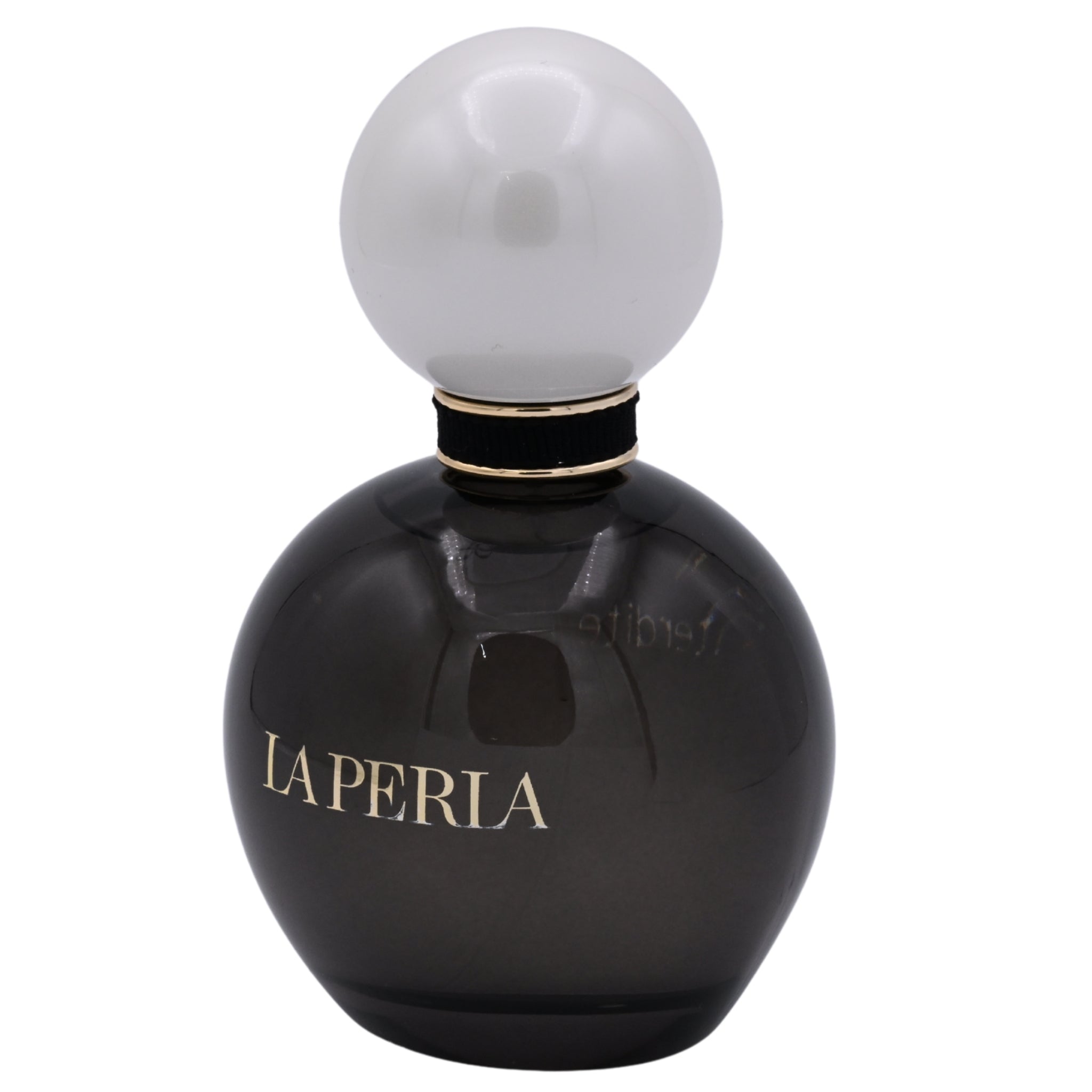 Black perfume bottle with white cap on a white background