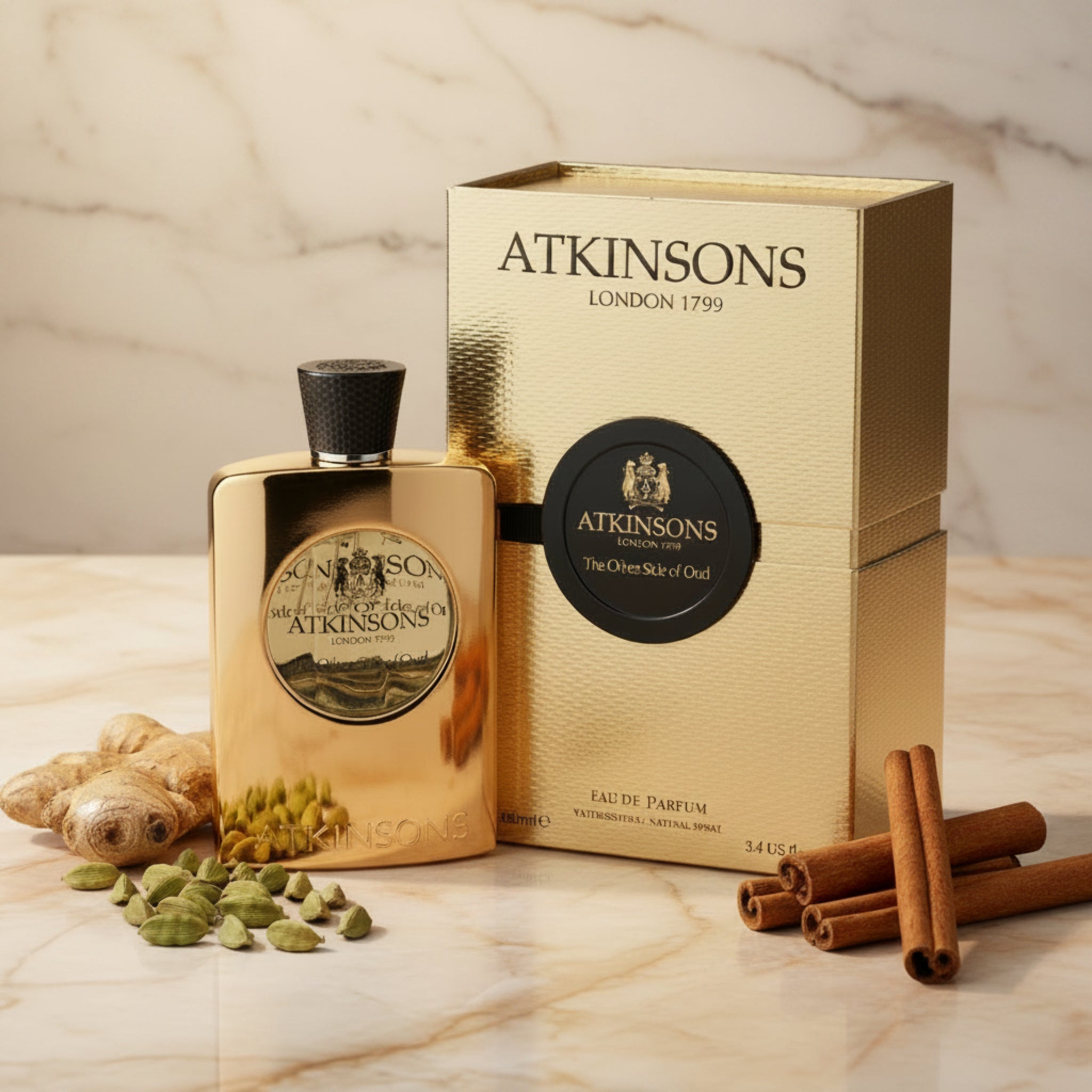 Atkinsons Eau de Parfum bottle and packaging on a white background