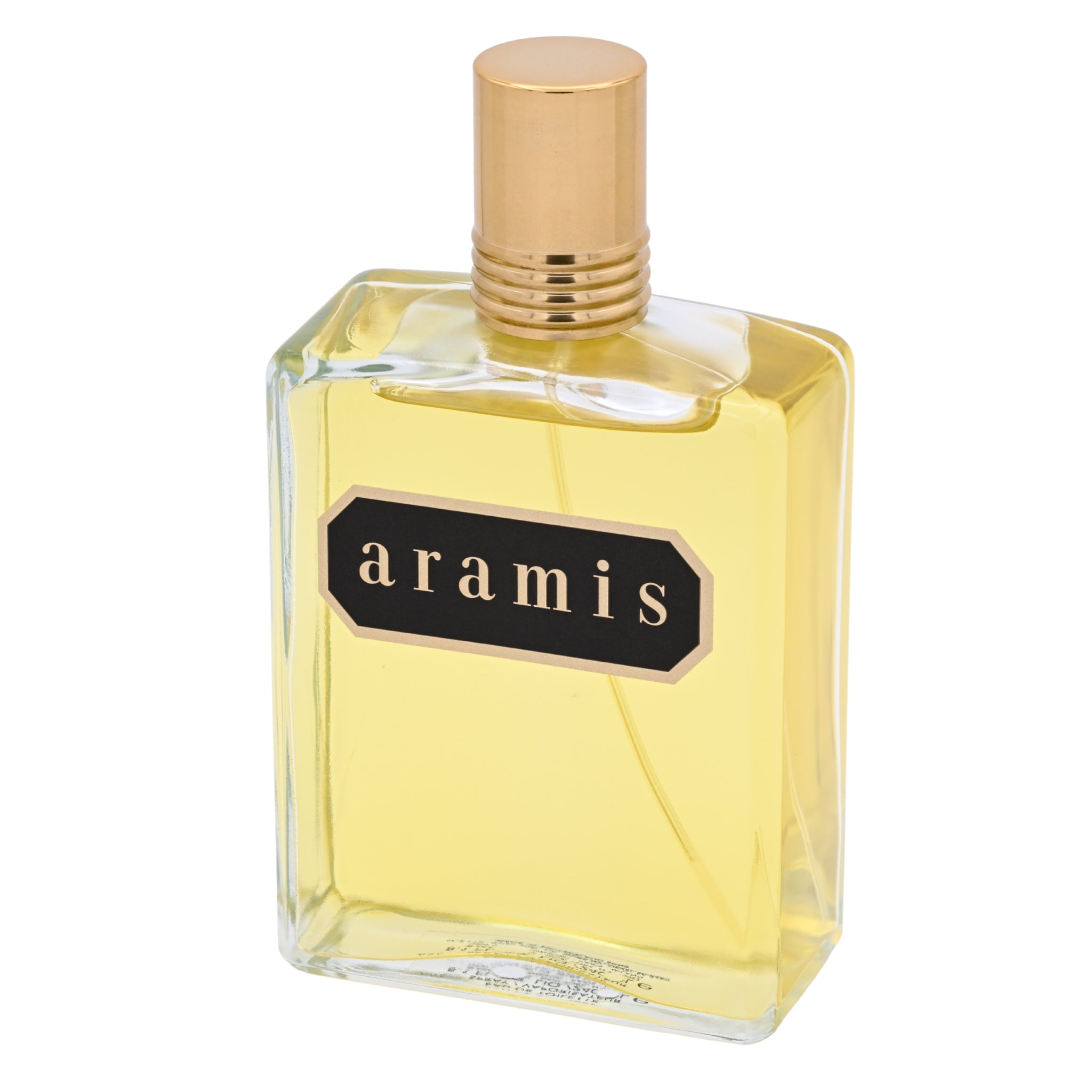 Aramis perfume bottle with gold cap on a white background