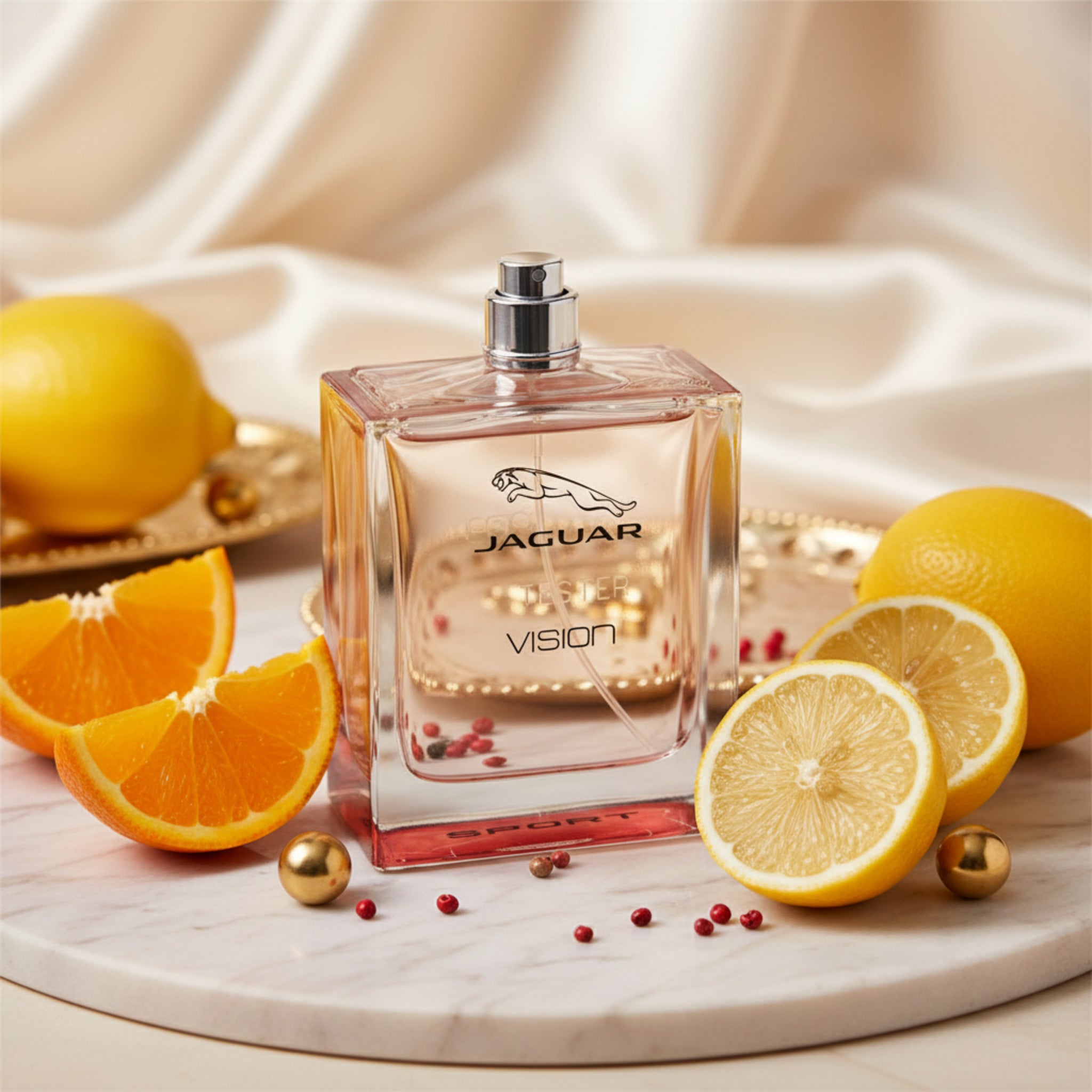 Jaguar Vision perfume bottle with lemons and oranges on a marble surface