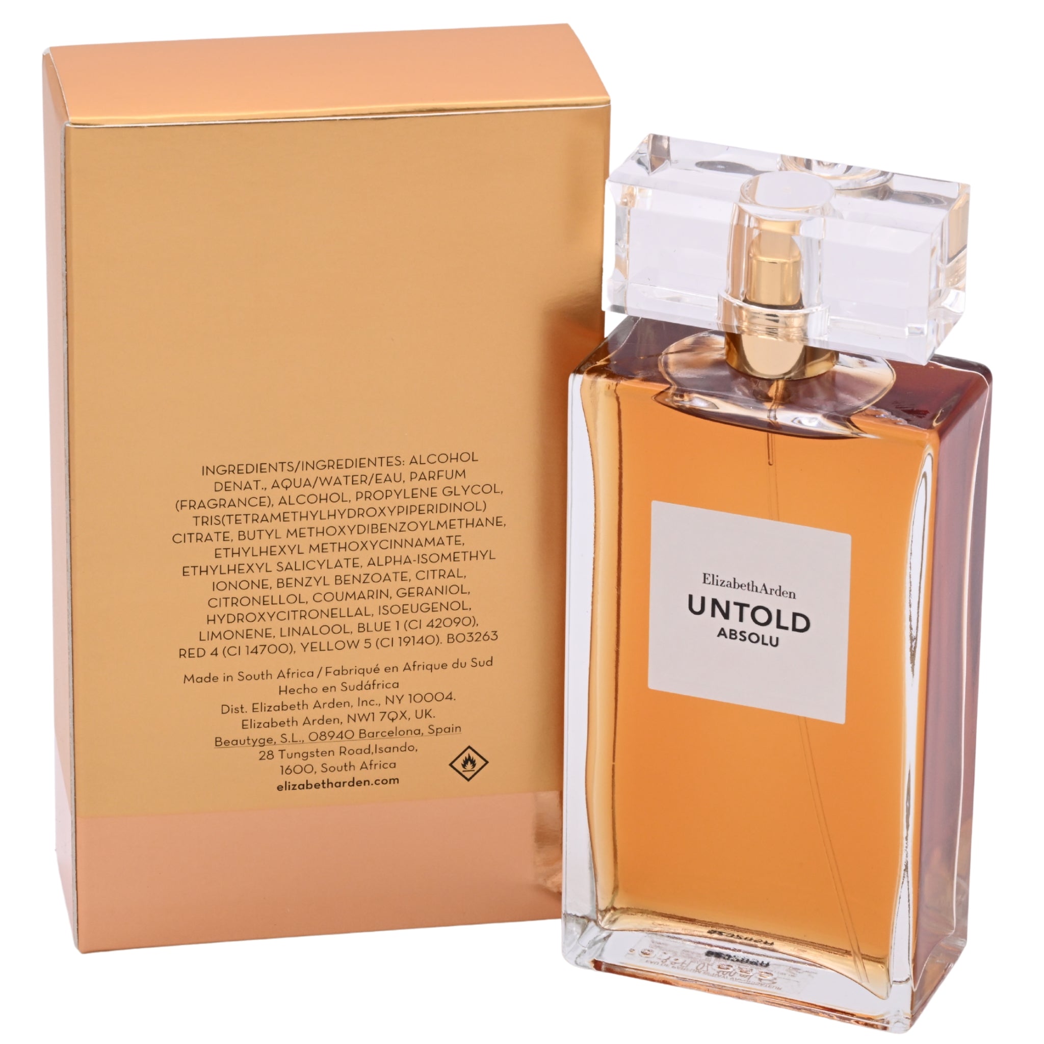 Perfume bottle and packaging of Elizabeth Arden Untold Absolu on a white background