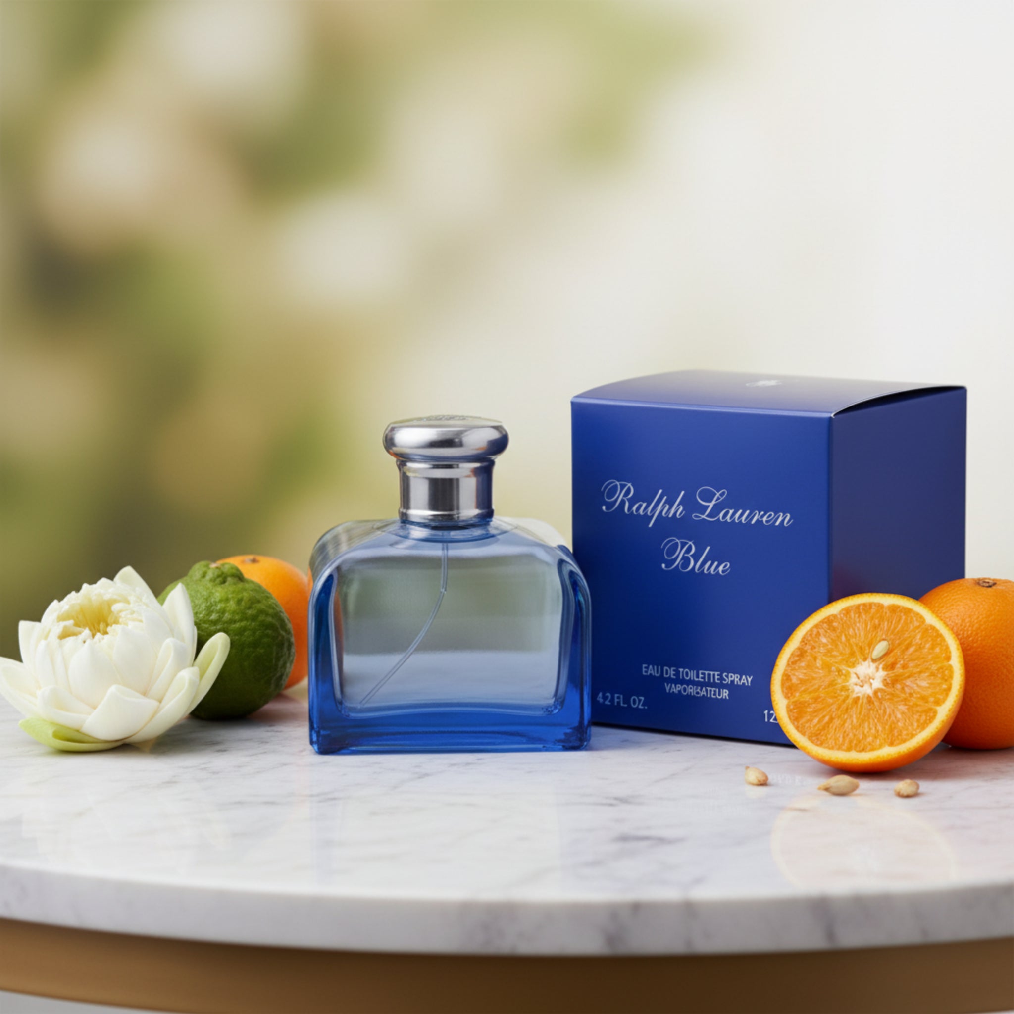Blue Ralph Lauren perfume bottle and packaging on a white background