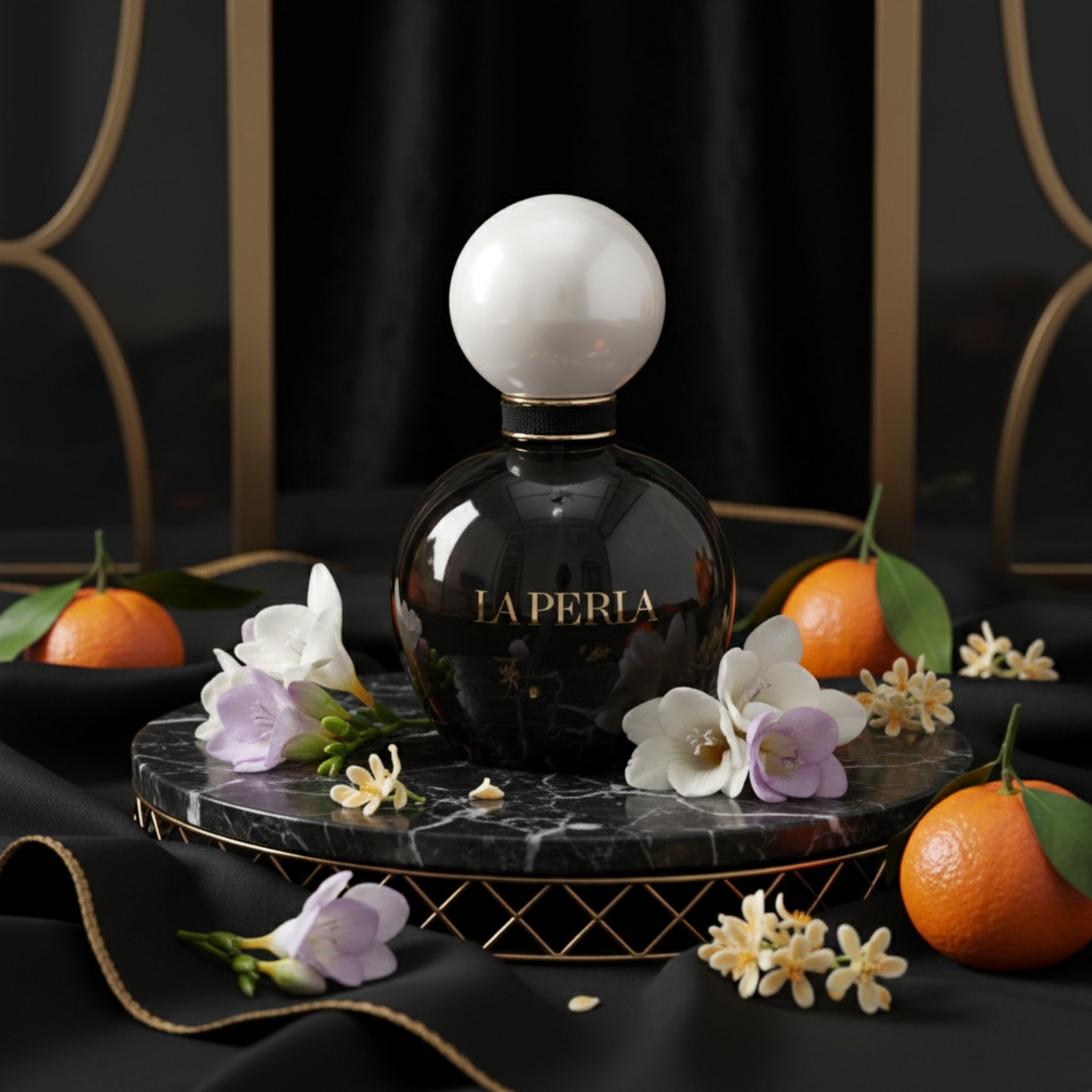 Black La Perla perfume bottle with white cap on a white background