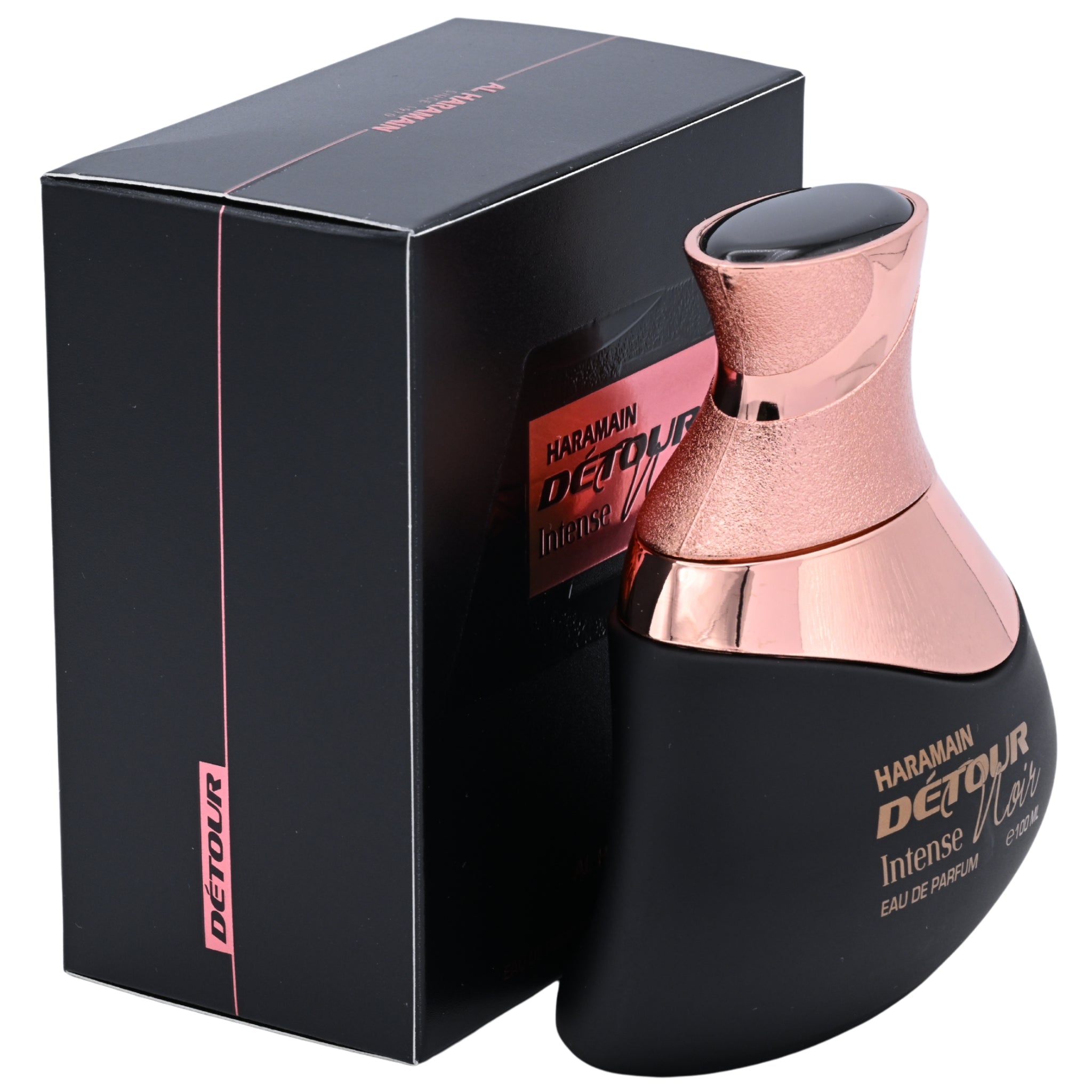 Haramain Detour perfume bottle with rose gold cap and black packaging