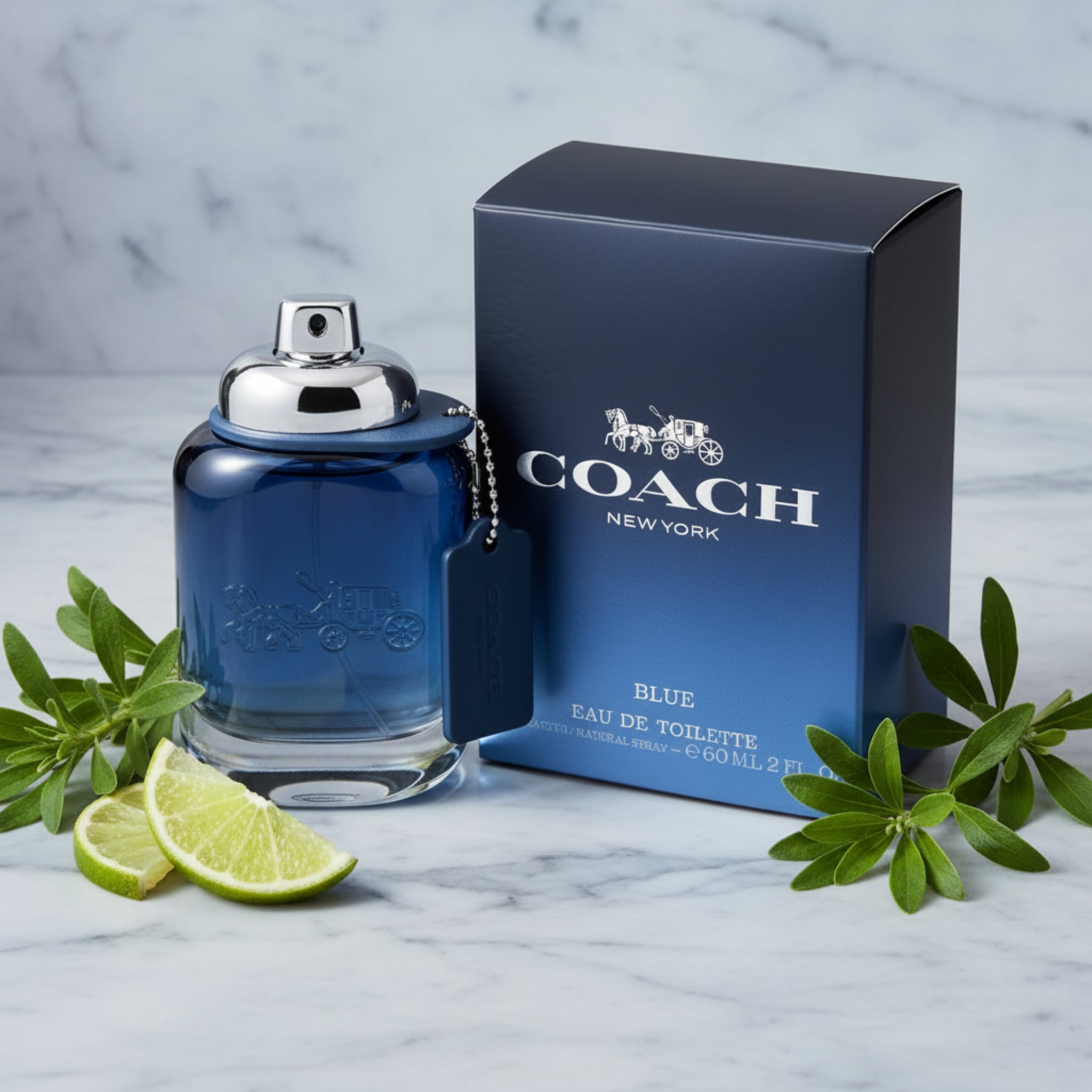 Coach New York Blue Eau de Toilette bottle and packaging on a white background