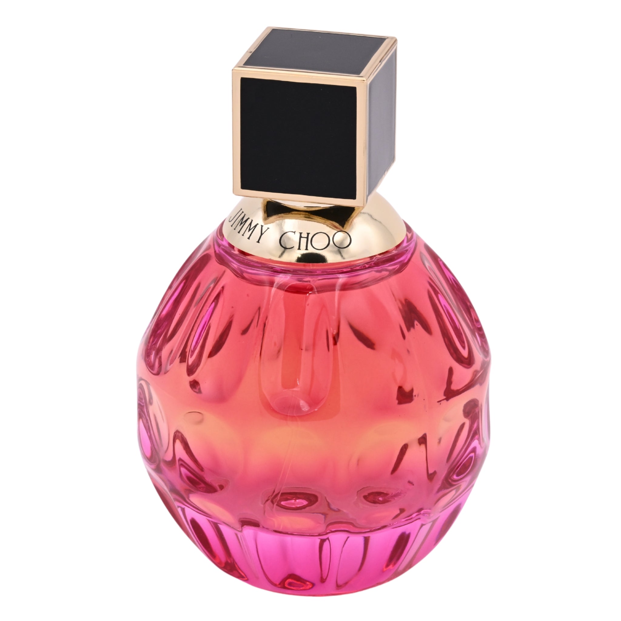 Pink perfume bottle with black cap on a white background