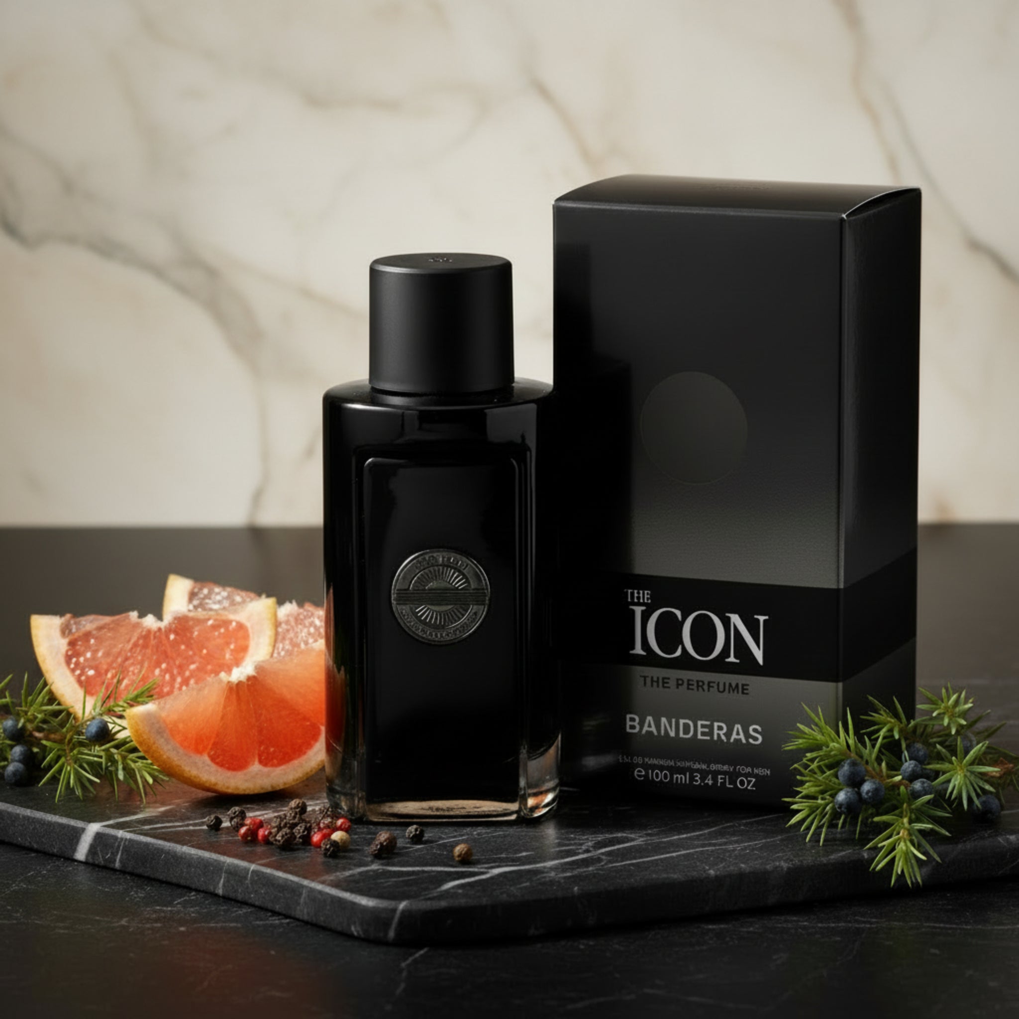 Black perfume bottle and packaging of 'The Icon' by Banderas on a white background