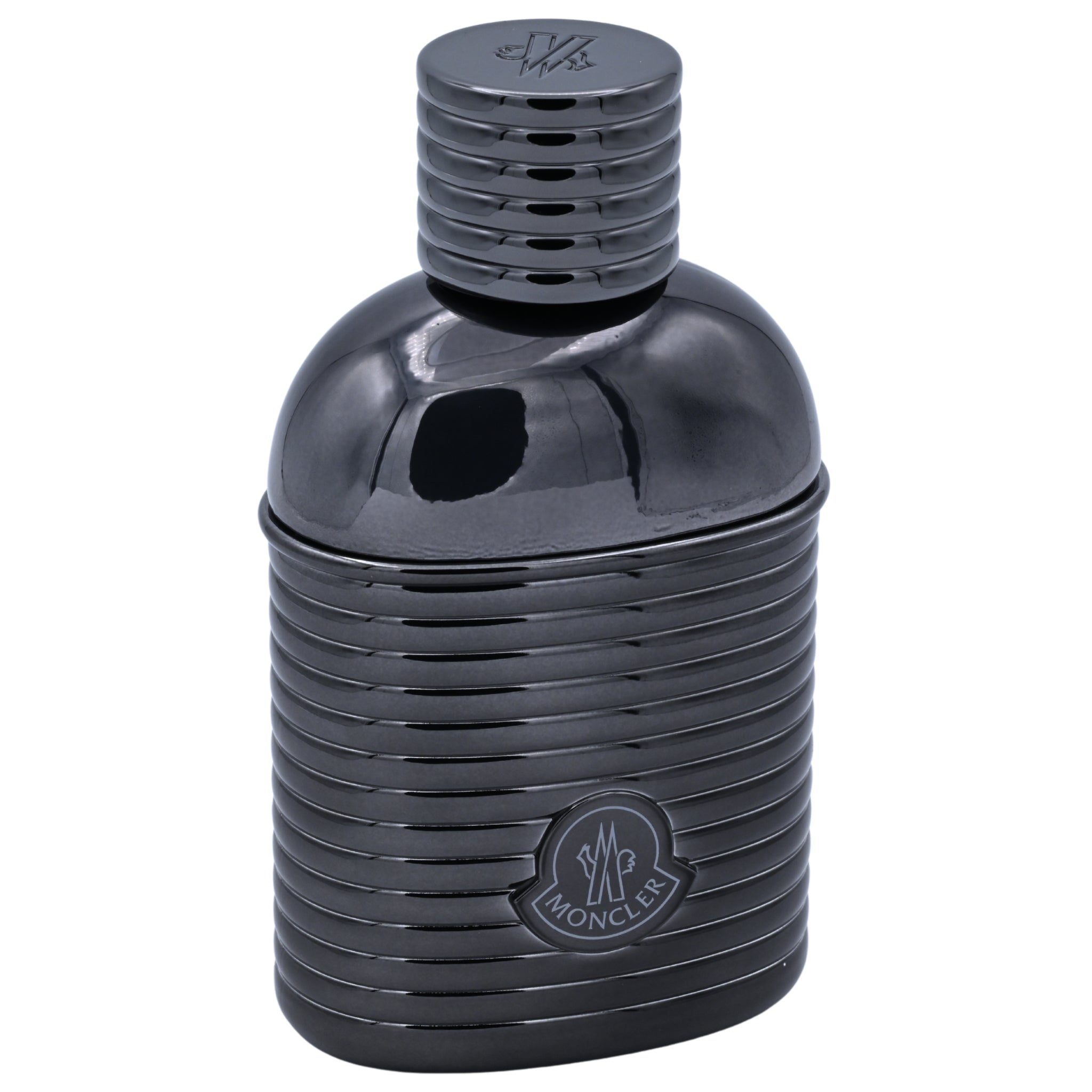 Black Moncler perfume bottle on a white background