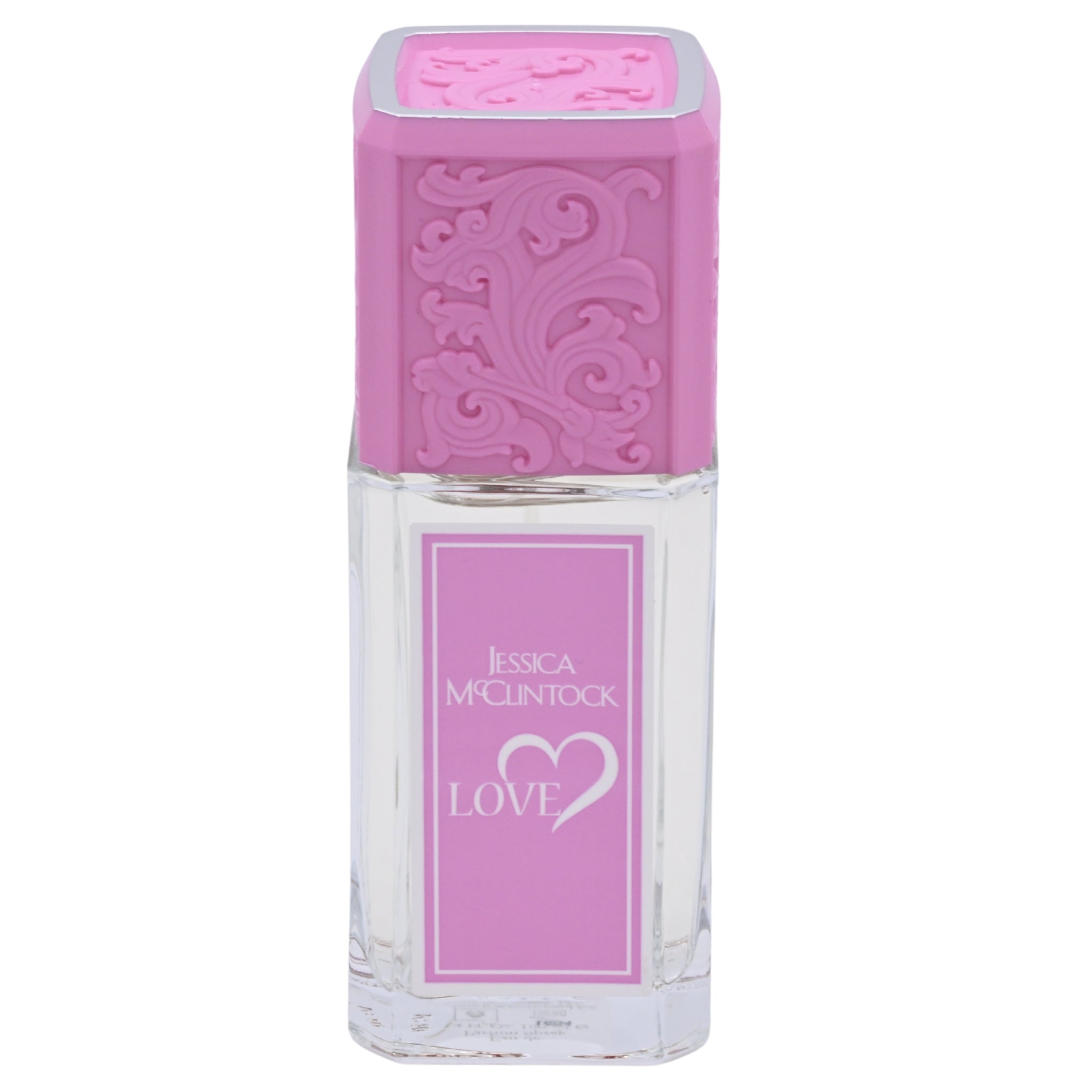 Perfume bottle with pink cap and label on a white background
