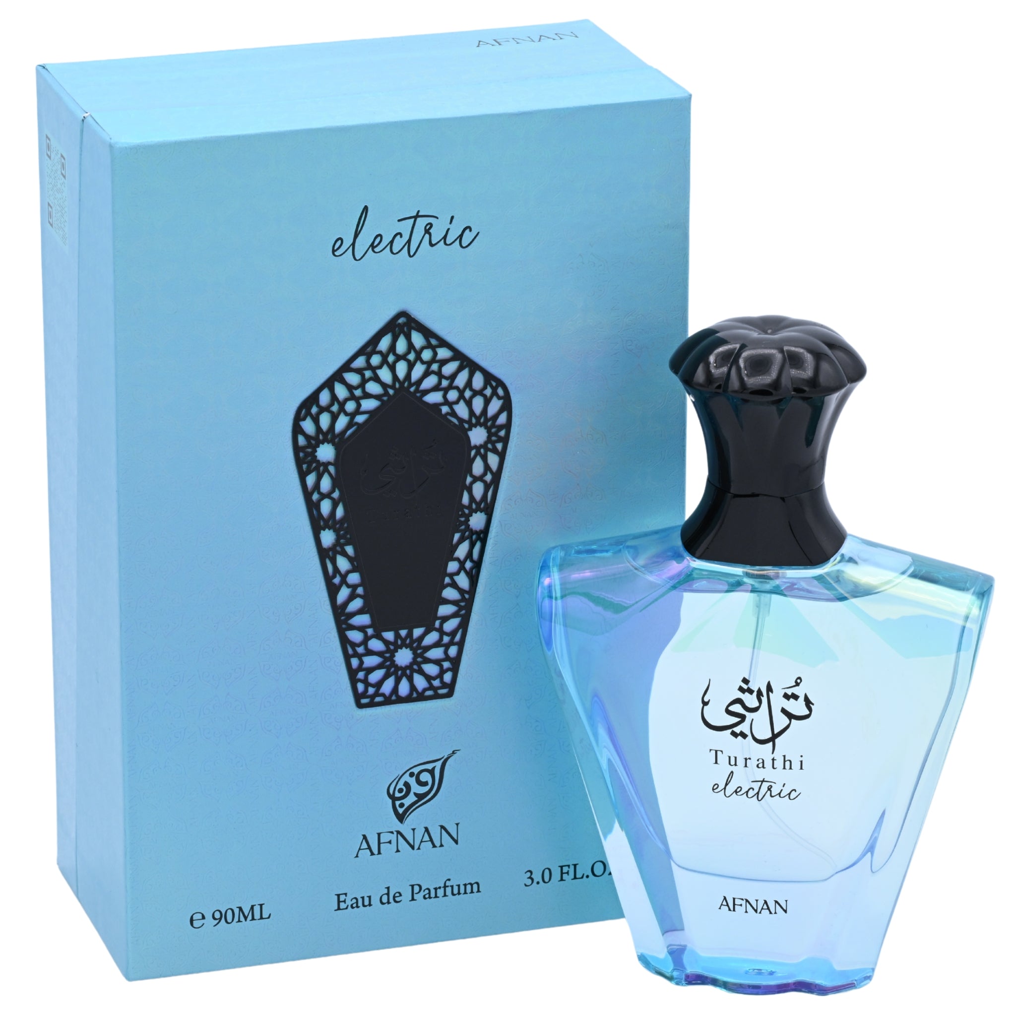 Afnan Turath electric perfume bottle and packaging on a white background