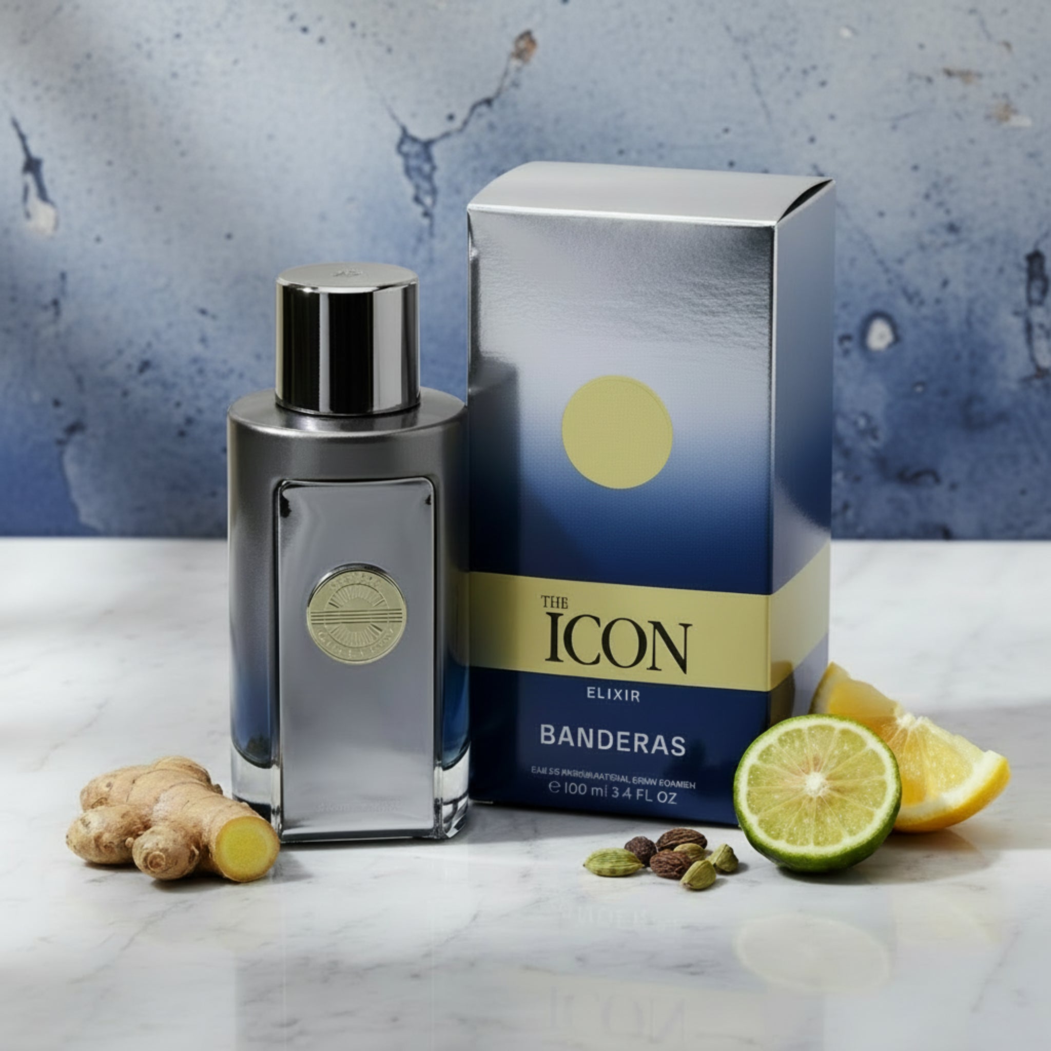 Perfume bottle and packaging of 'The Icon Elixir' by Banderas on a white background