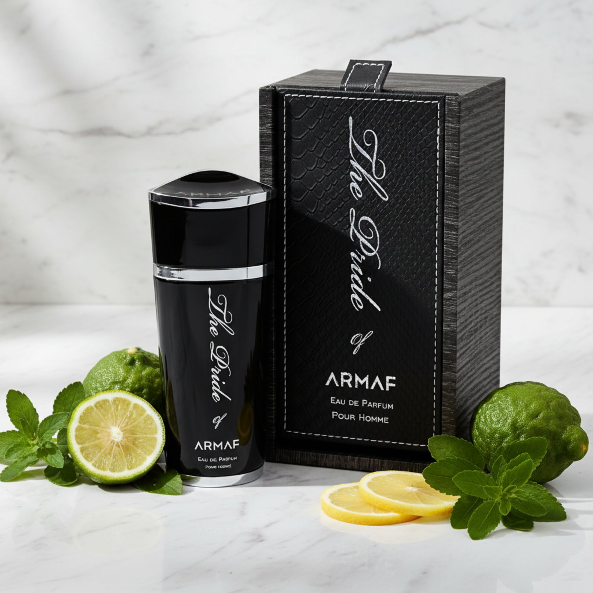 Black Armaf perfume bottle and packaging on a white background