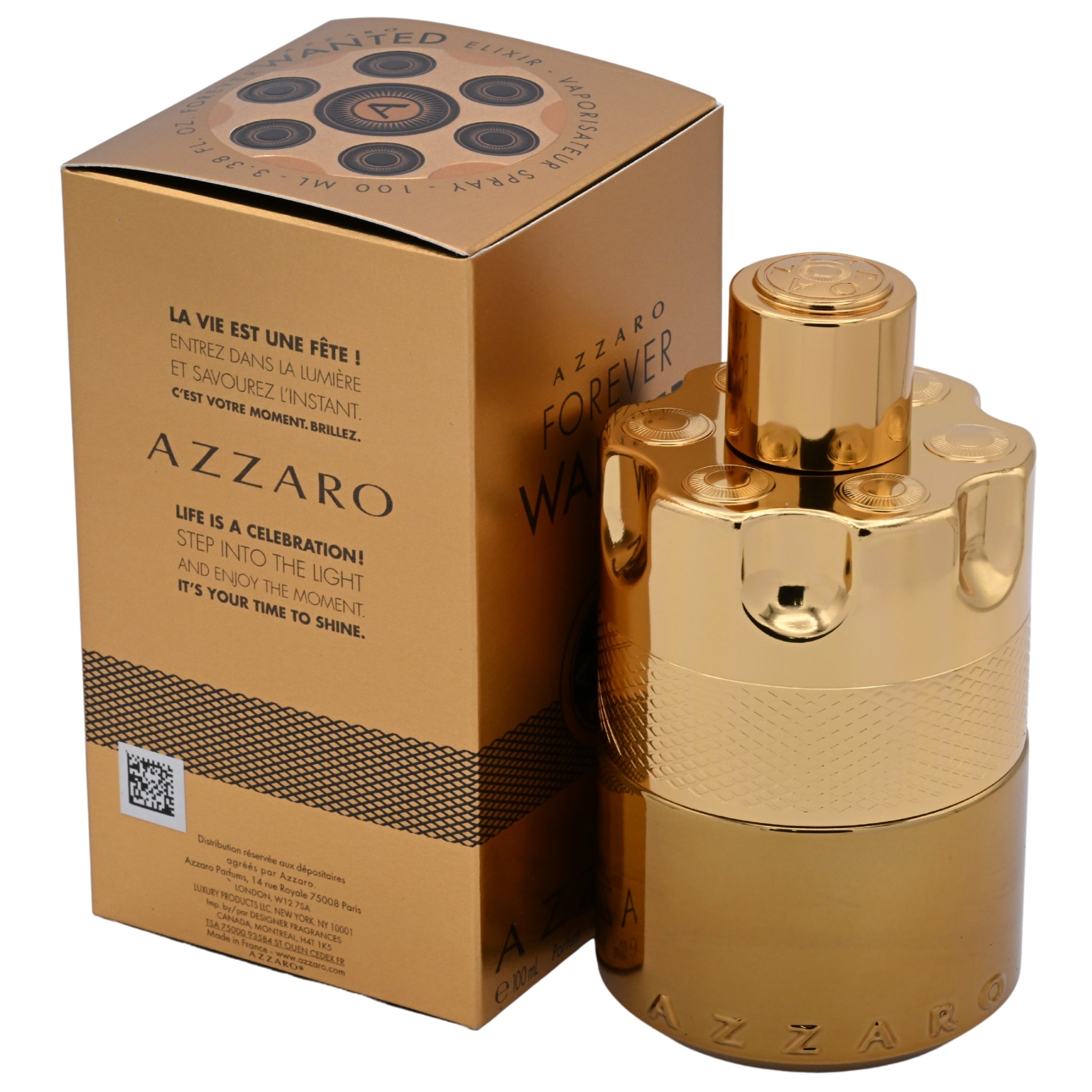 Gold Azzaro perfume bottle and packaging on a white background