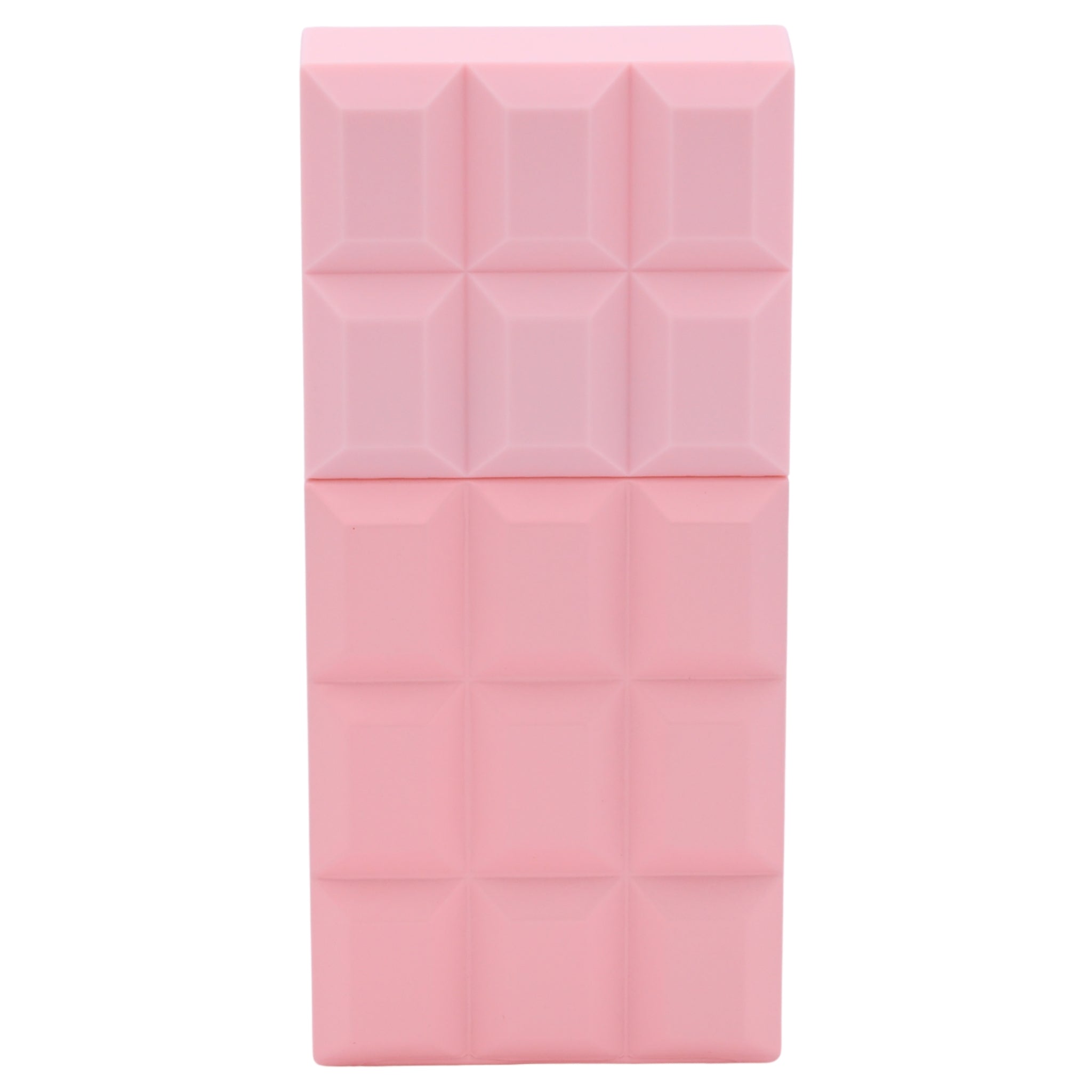 Pink perfume bottle with geometric pattern on a white background