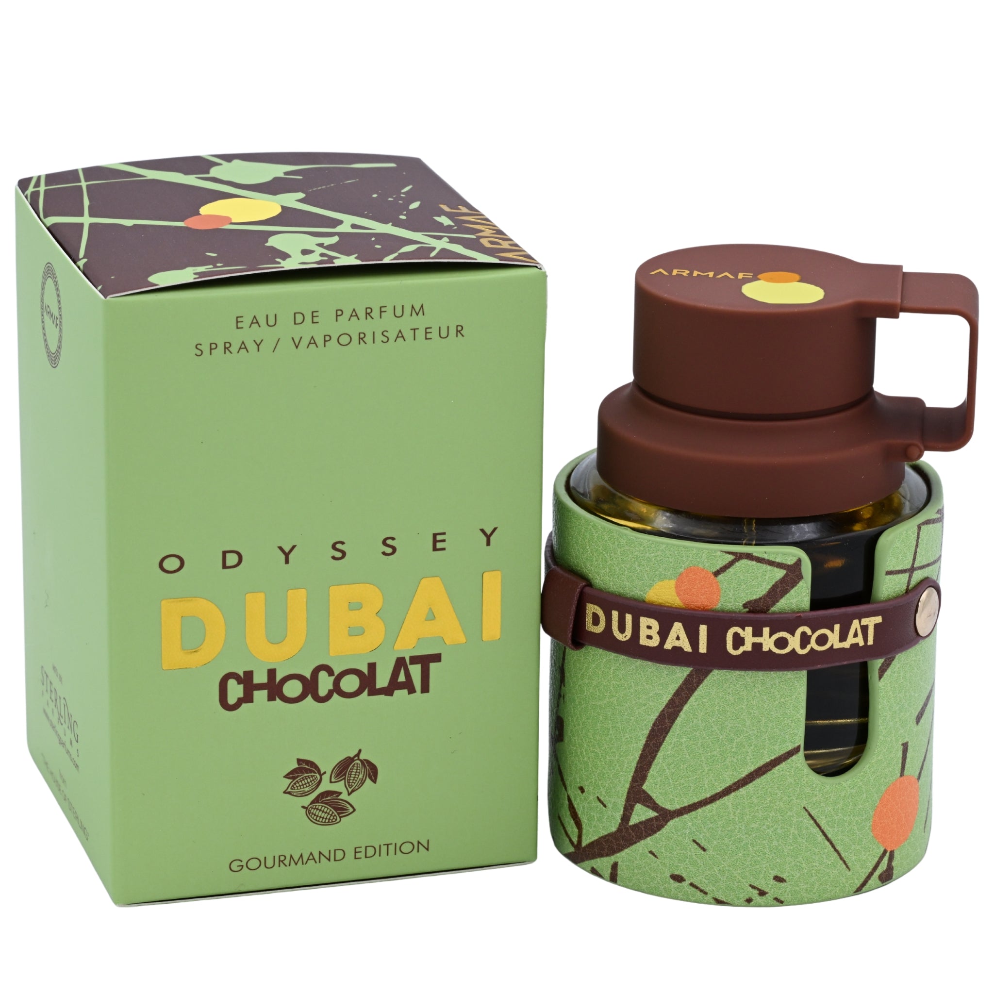 Perfume bottle and packaging of Odyssey Dubai Chocolat on a white background