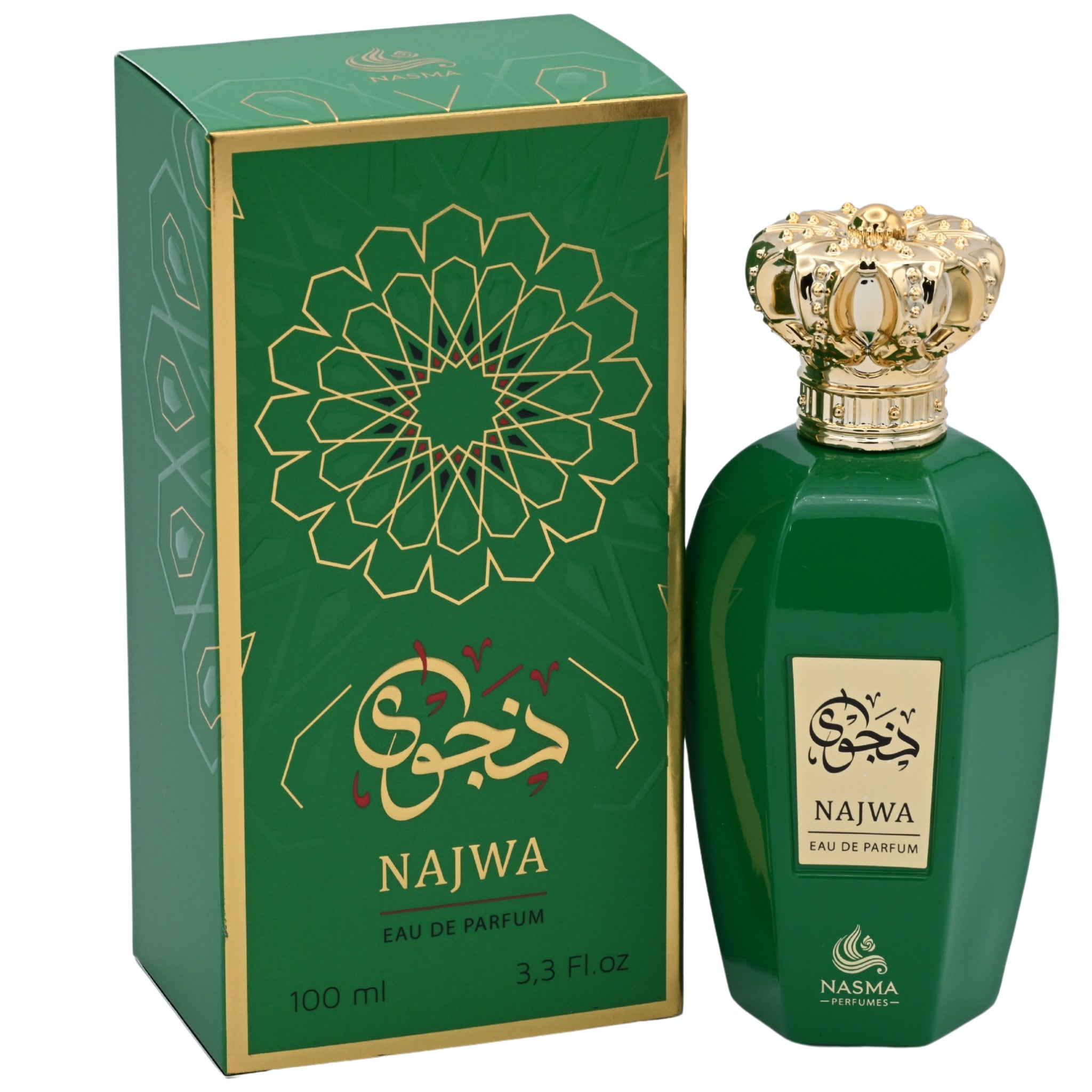 Green perfume bottle with gold cap and decorative packaging on a white background