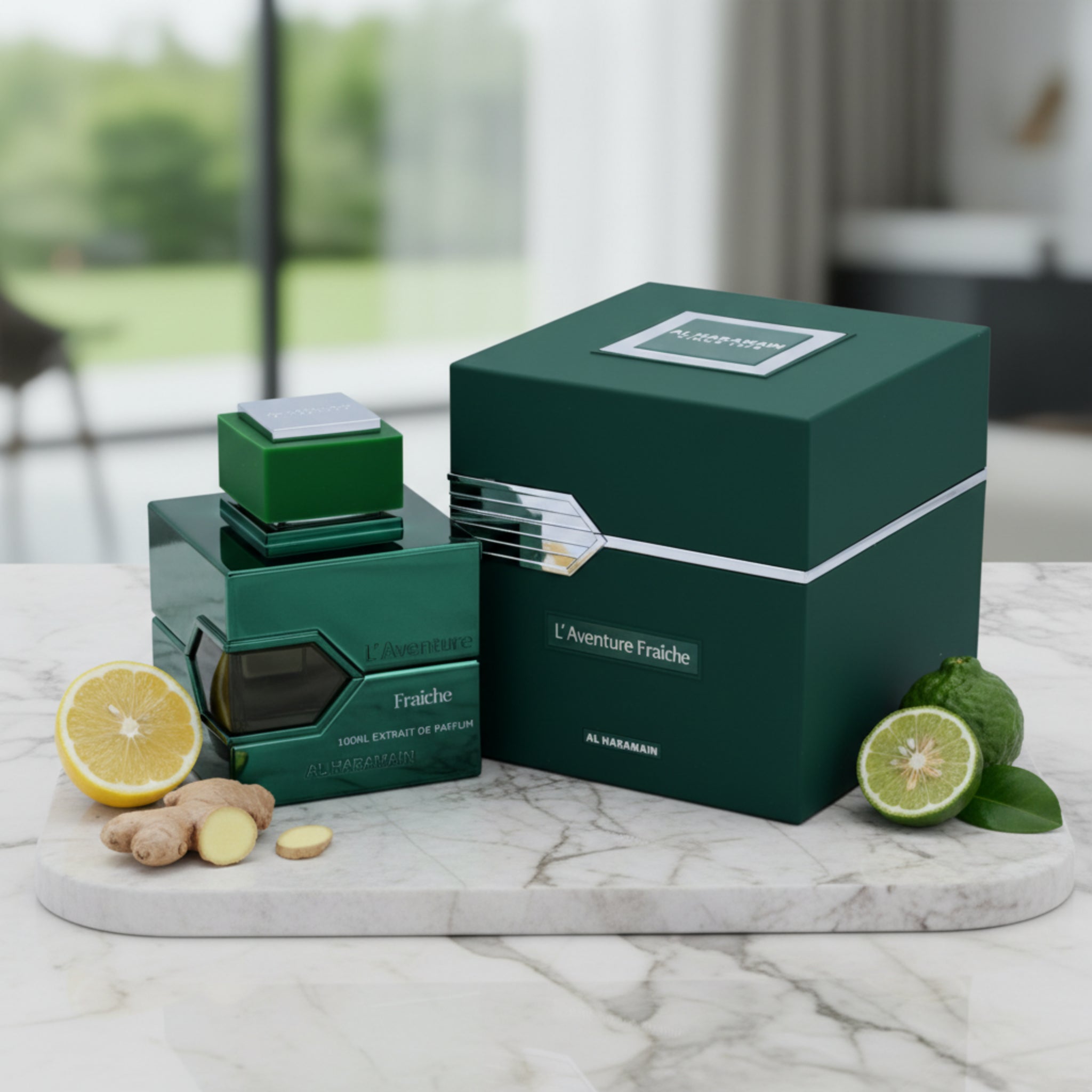 Green perfume bottle and packaging with 'L'Aventure Fraçèche' branding on a white background