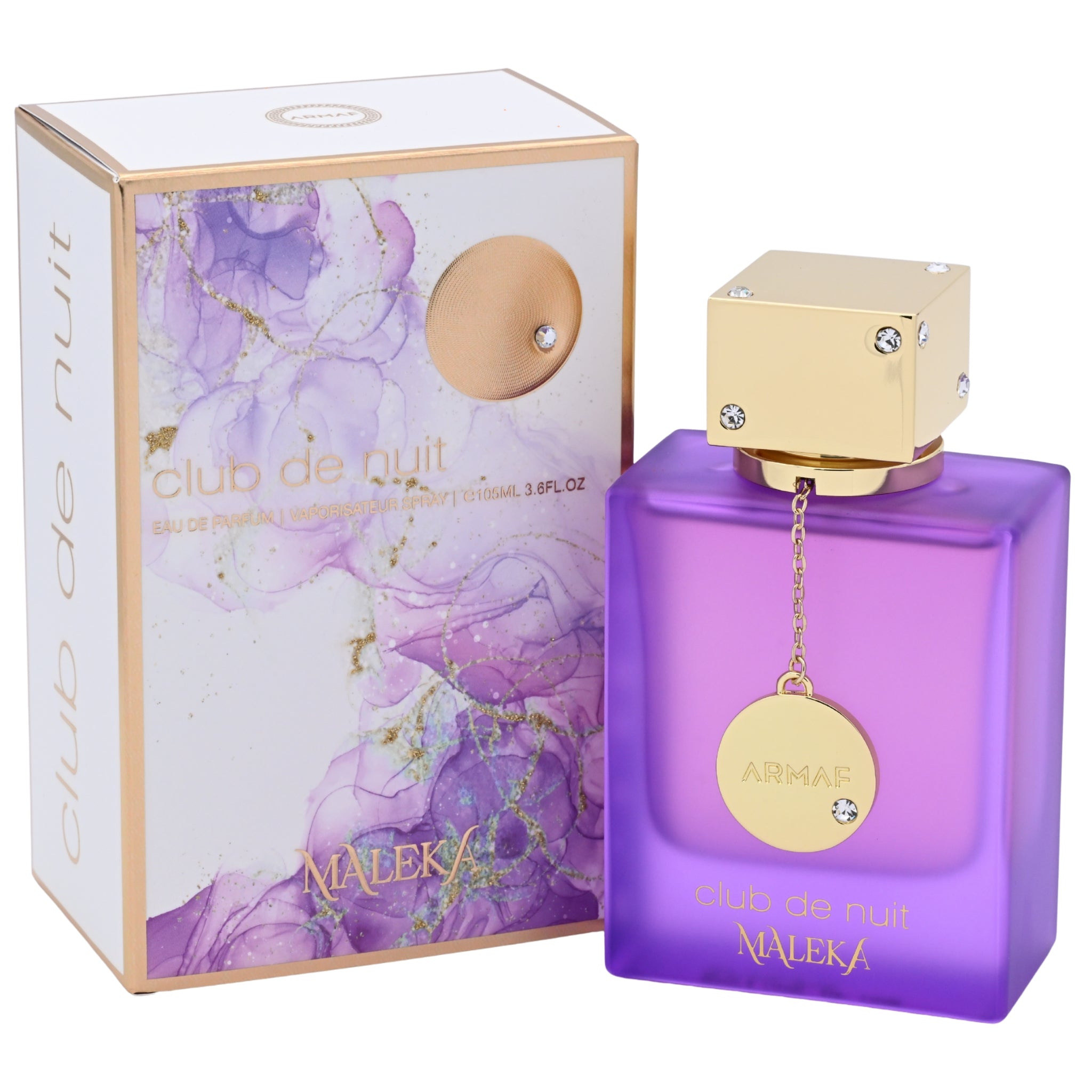 Purple perfume bottle with gold cap and 'Maleka' packaging on a white background