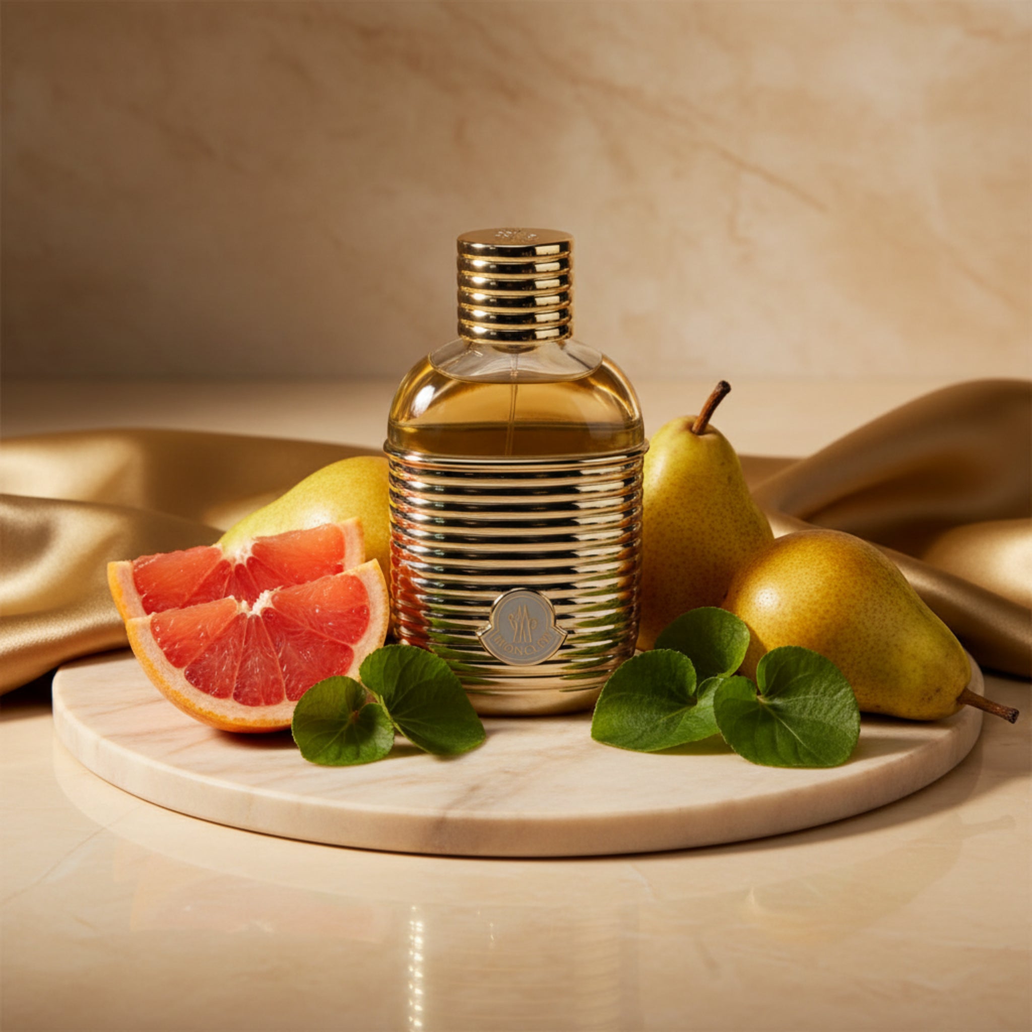 Perfume bottle with a ribbed design on a white background