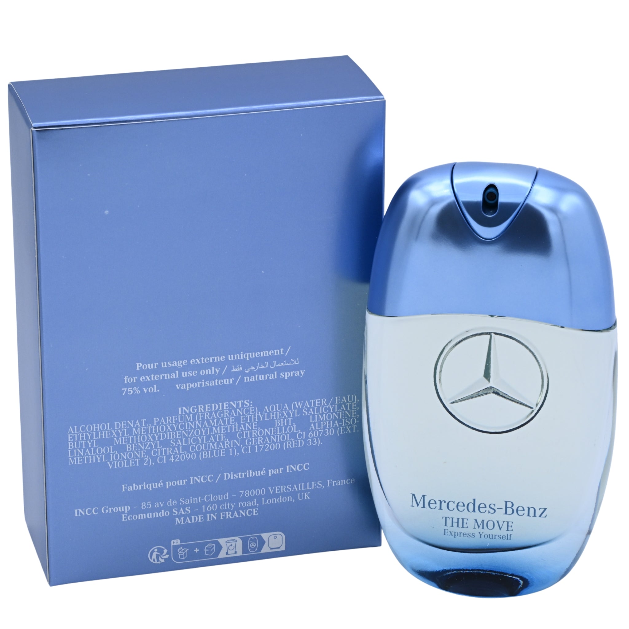 Mercedes-Benz The Move perfume bottle and packaging on a white background