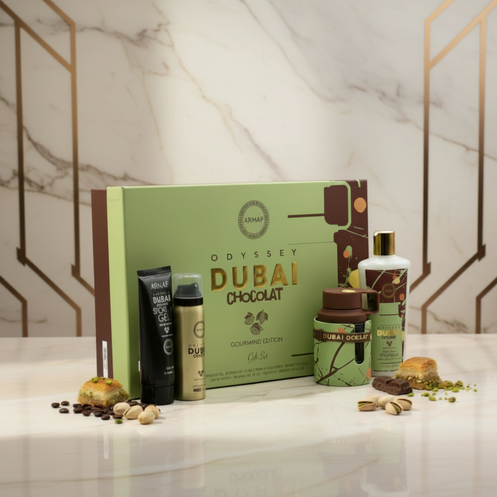 Armaf Odyssey Dubai Chocolat gift set with various products on a white background