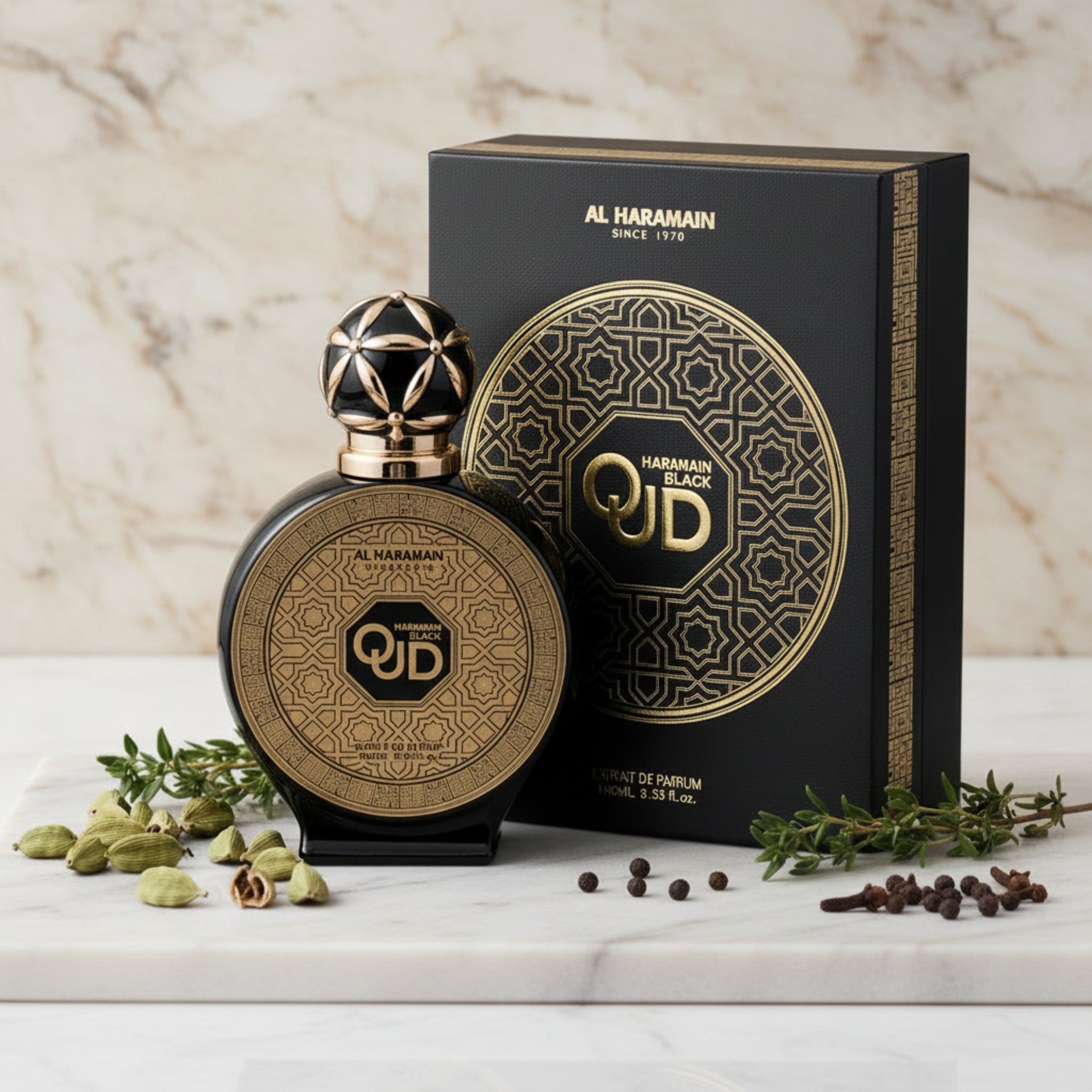 Al Haramain QUD perfume bottle and packaging on a white background