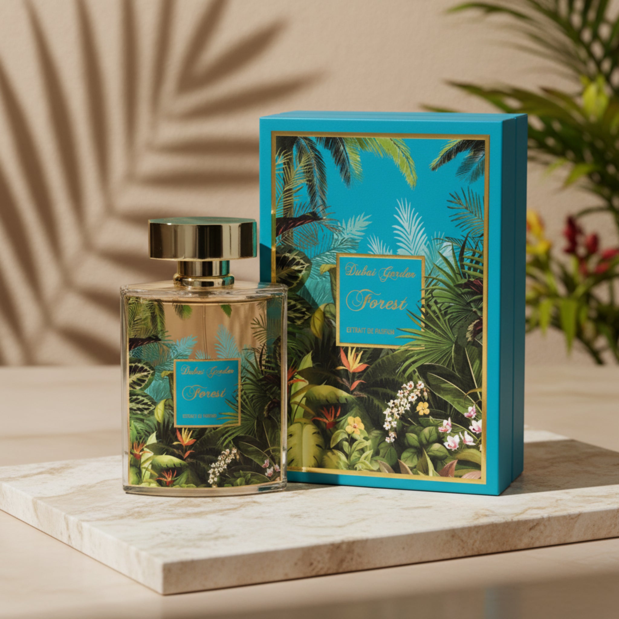 Perfume bottle and packaging with tropical design on a marble surface