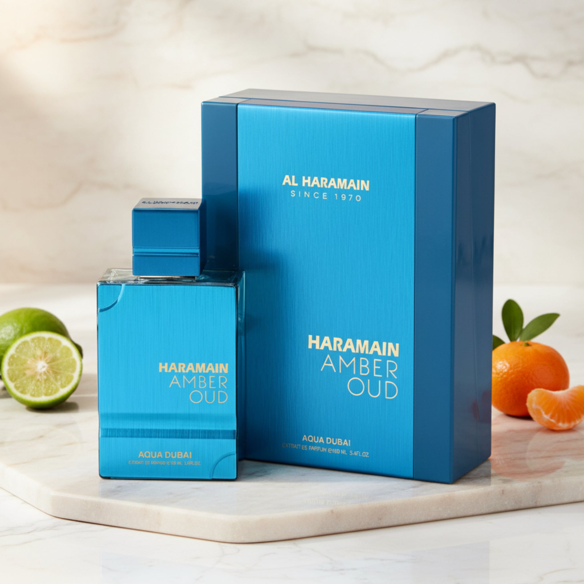 Blue Haramain Amber Oud perfume bottle and packaging on a white background