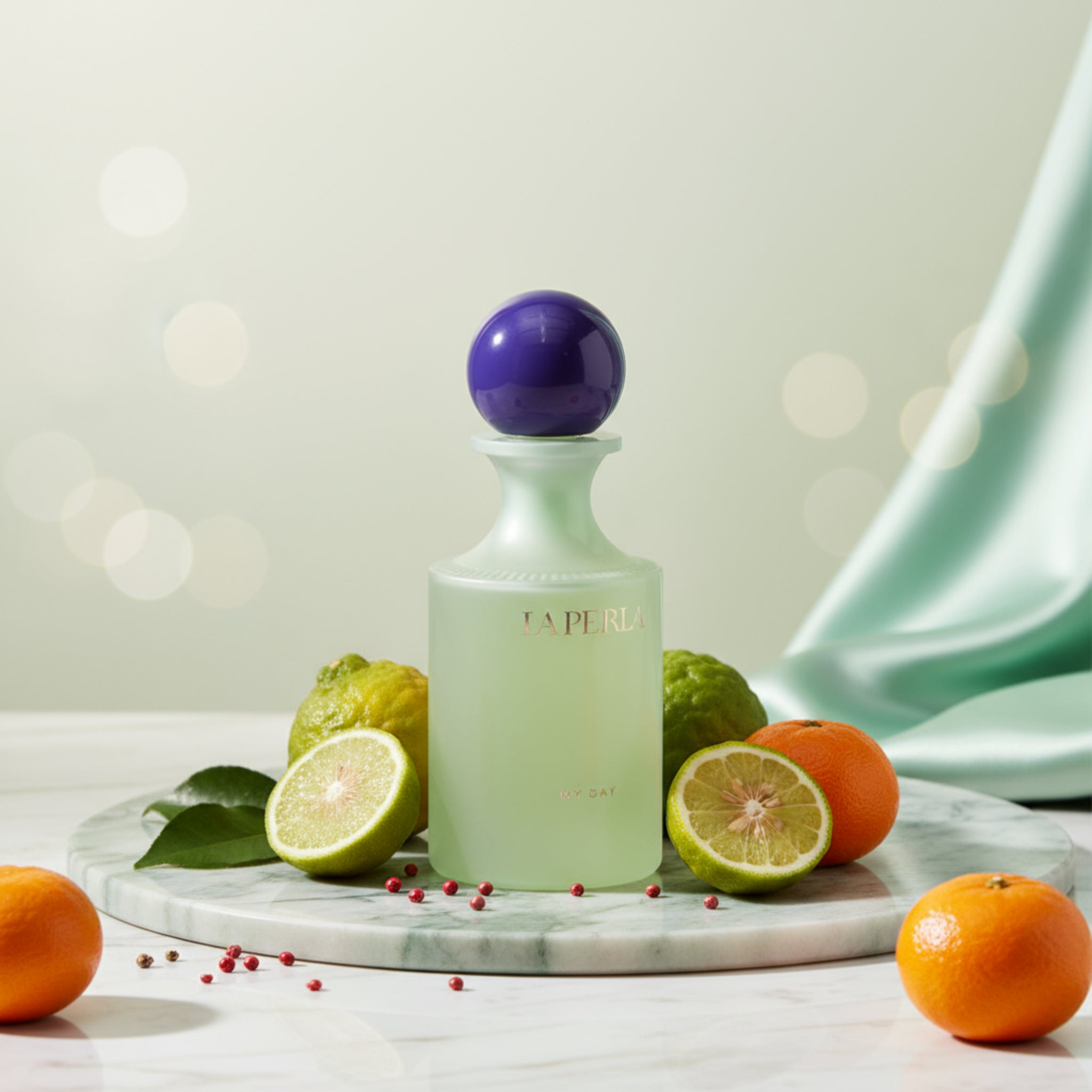 Green perfume bottle with purple cap on a white background