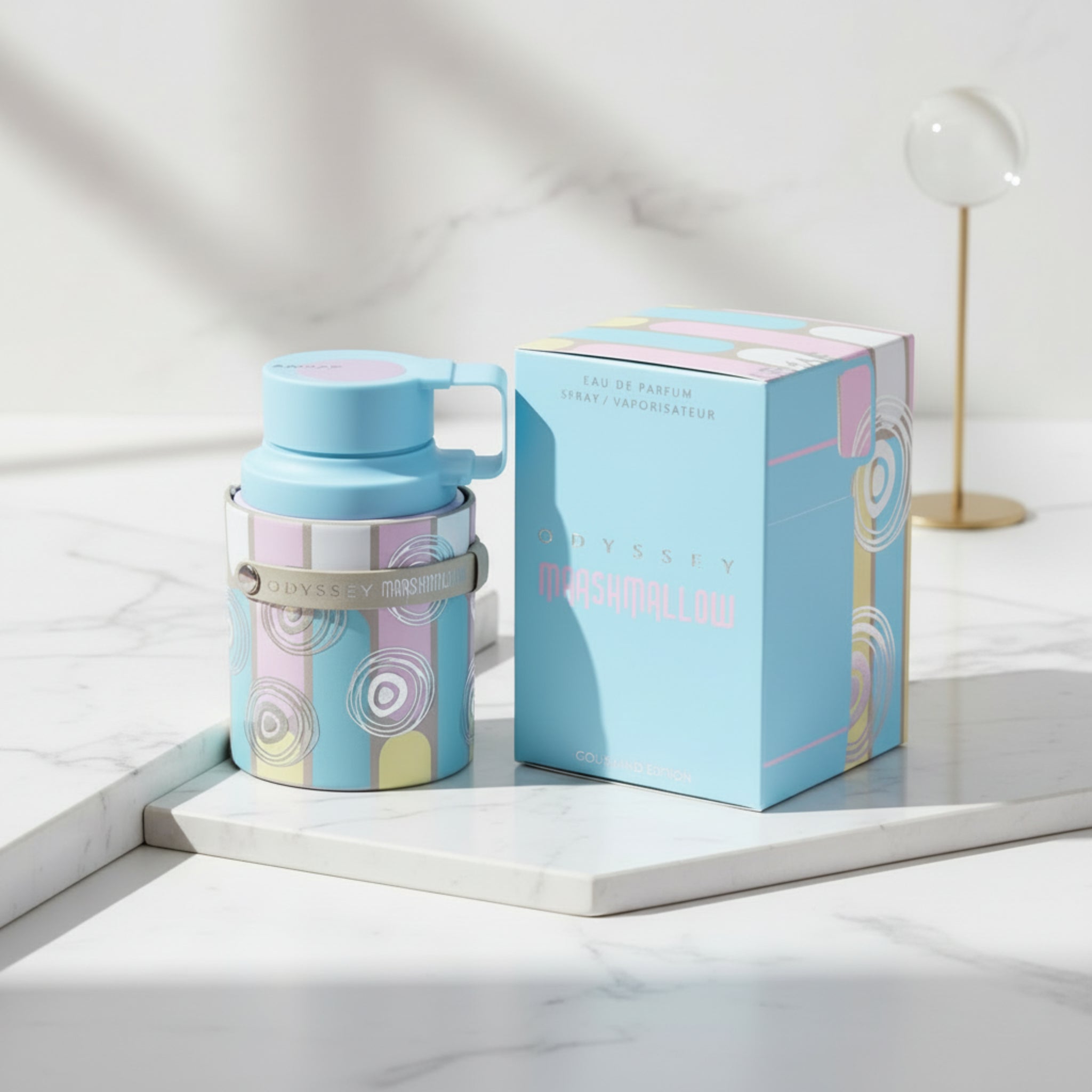 Pastel-colored Odyssey Marshmallow product with packaging on a white background