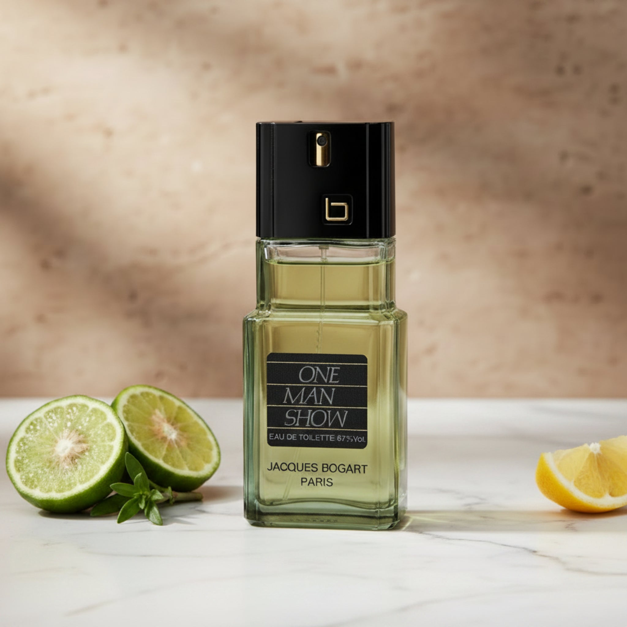 Perfume bottle labeled 'One Man Show' by Jacques Bogart on a white background