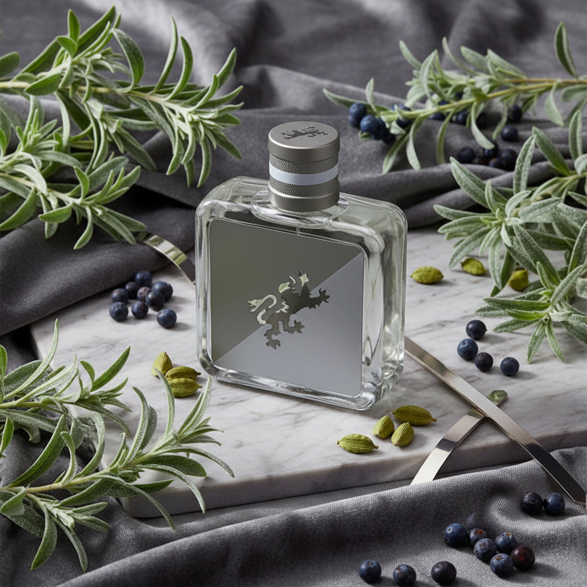 Clear perfume bottle with gray accents and a logo on a white background