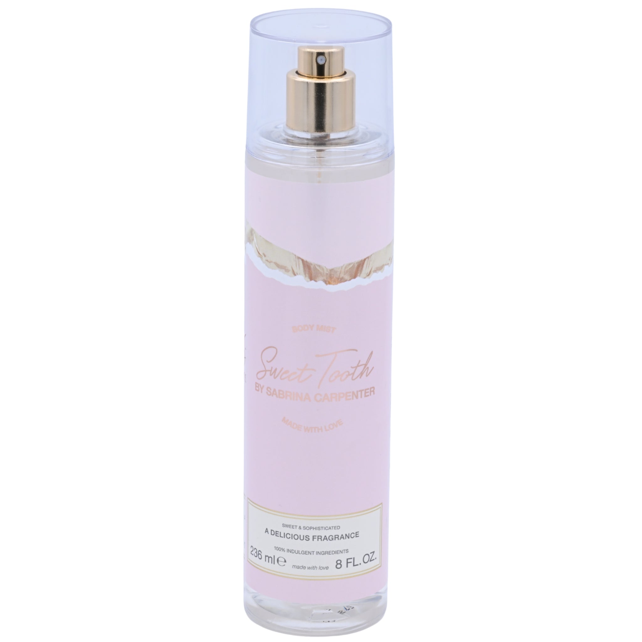 Perfume bottle with a pink label on a white background
