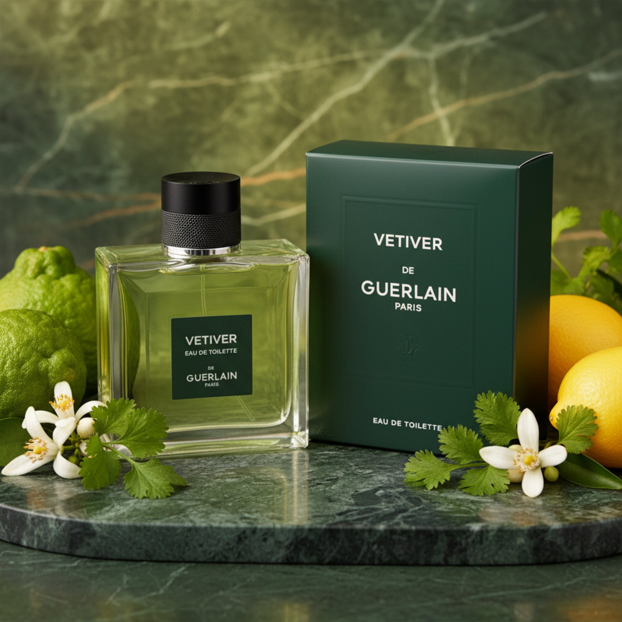 Guerlain Vetiver Eau de Toilette bottle and packaging on a white background