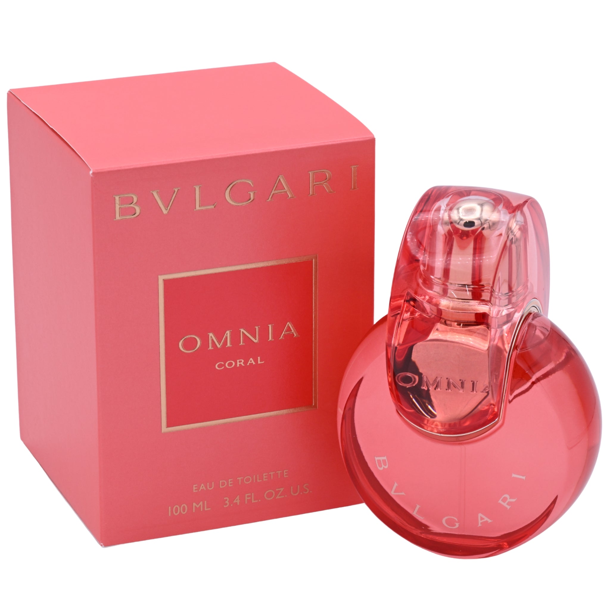 Bulgari Omnia Coral perfume bottle and packaging on a white background