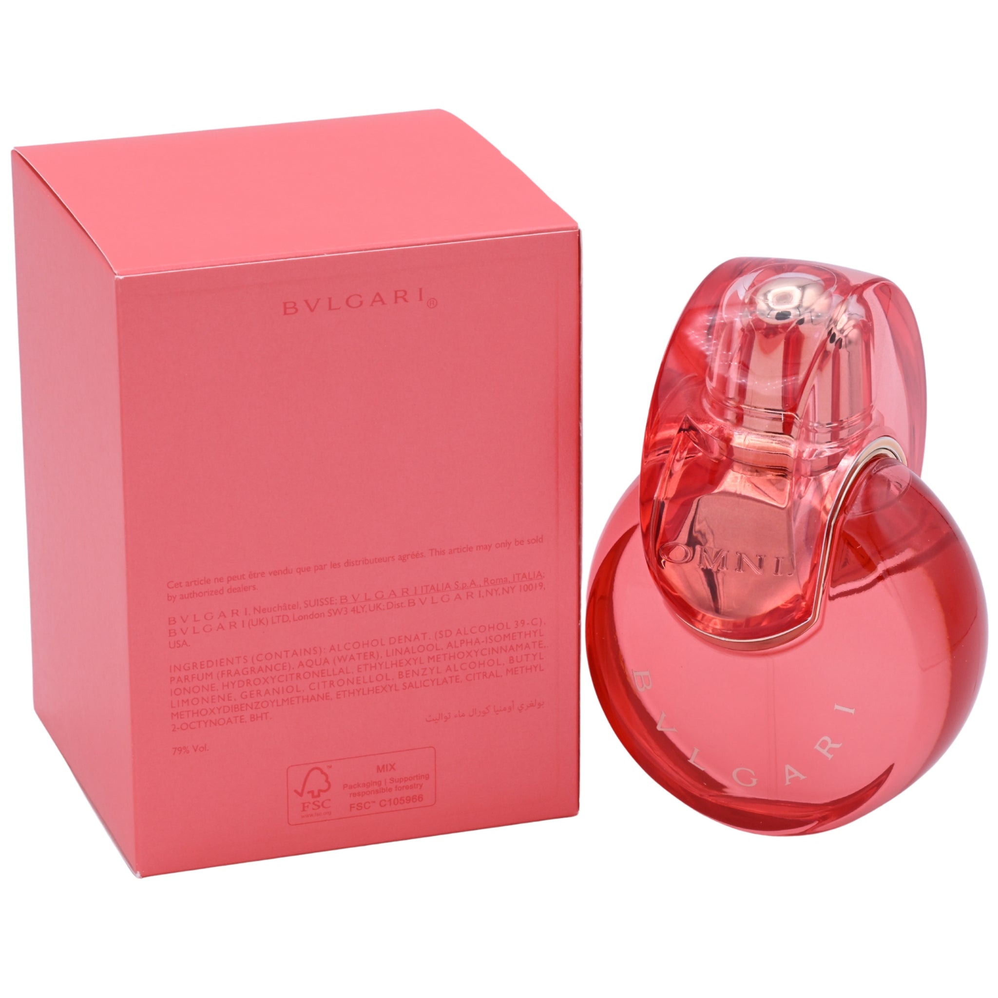 Bulgari Omnia Coral perfume bottle and packaging on a white background