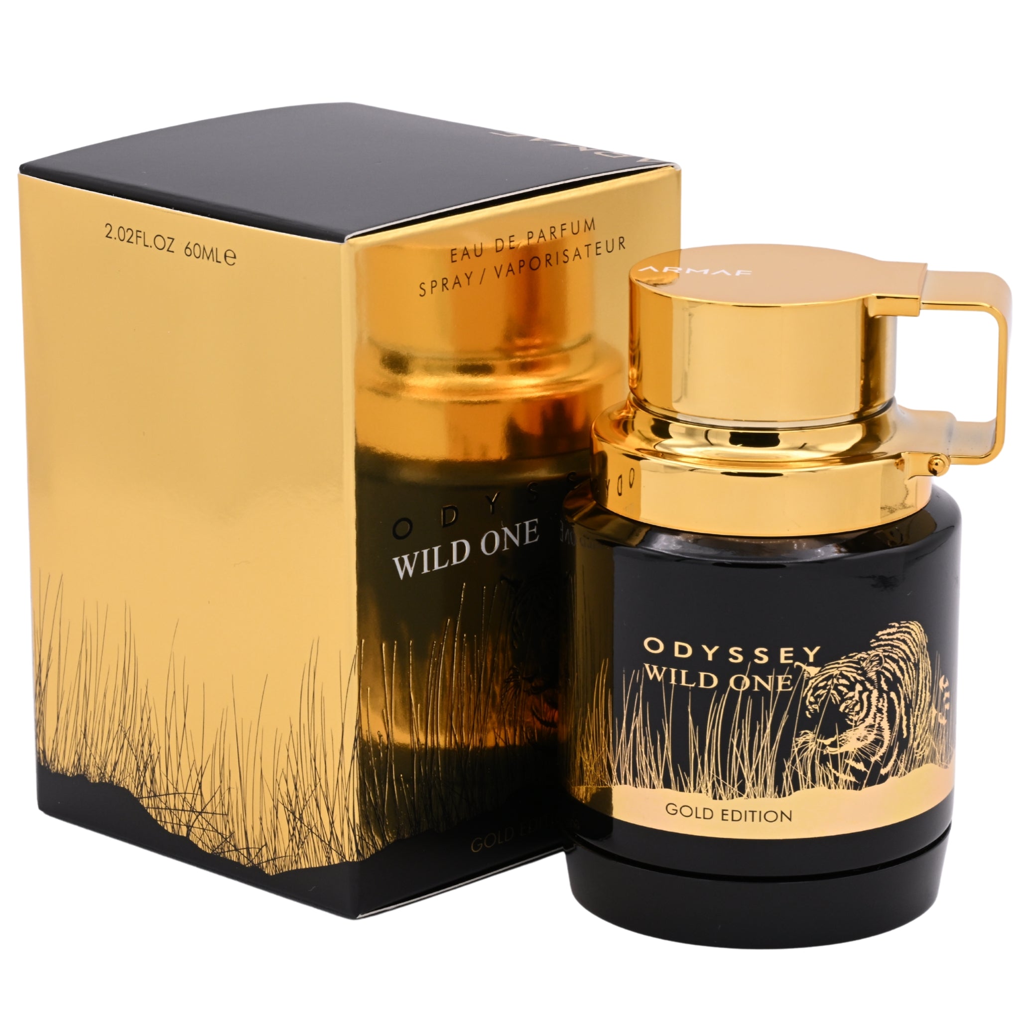 Perfume bottle and packaging of 'Odyssey Wild One' with gold accents on a white background