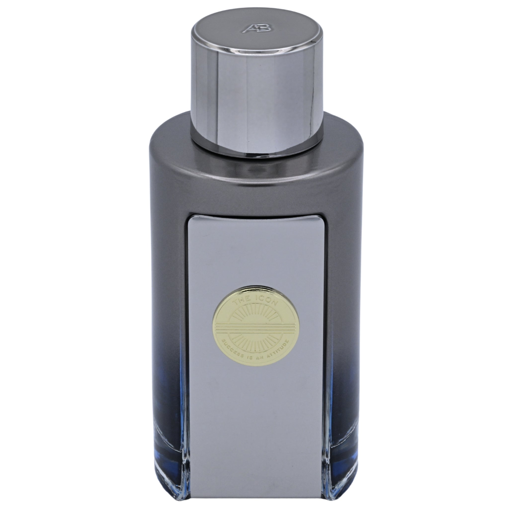 Perfume bottle with silver cap on a white background