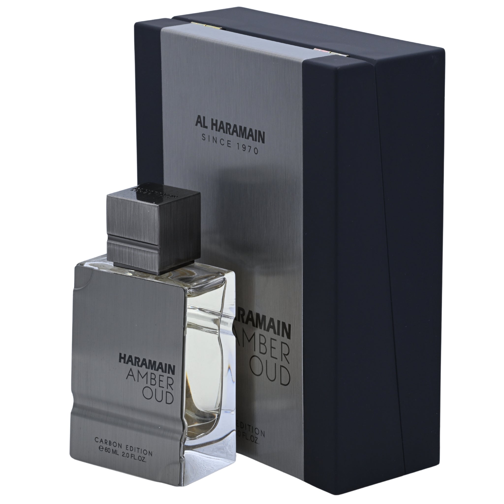 Haramain Amber Oud perfume bottle and packaging on a white background