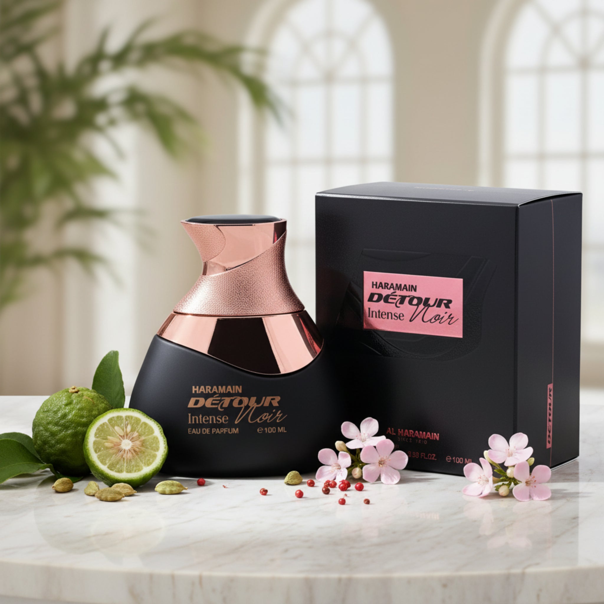 Haramain Detour Intense Noir perfume bottle and packaging on a white background