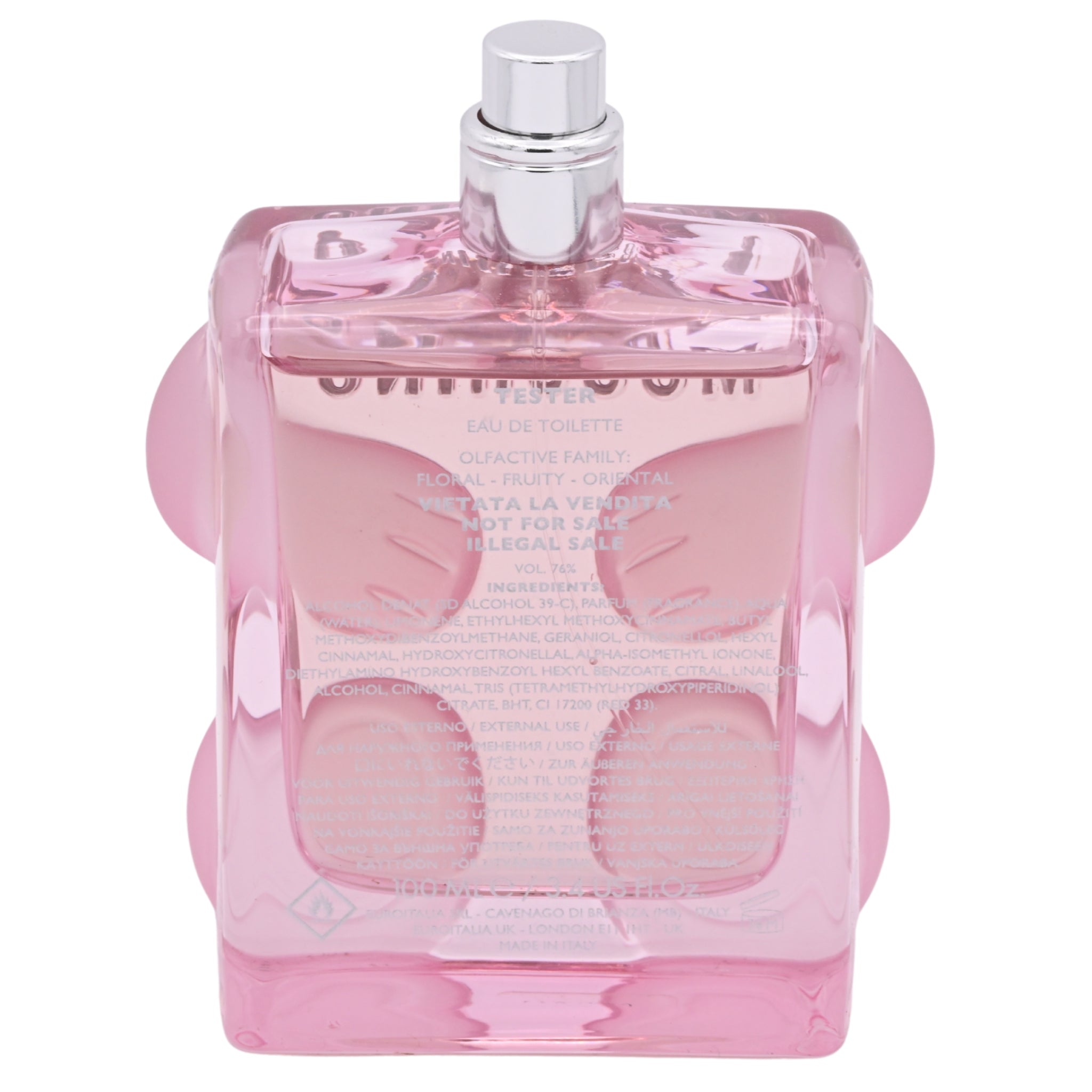 Pink perfume bottle with silver cap on a white background